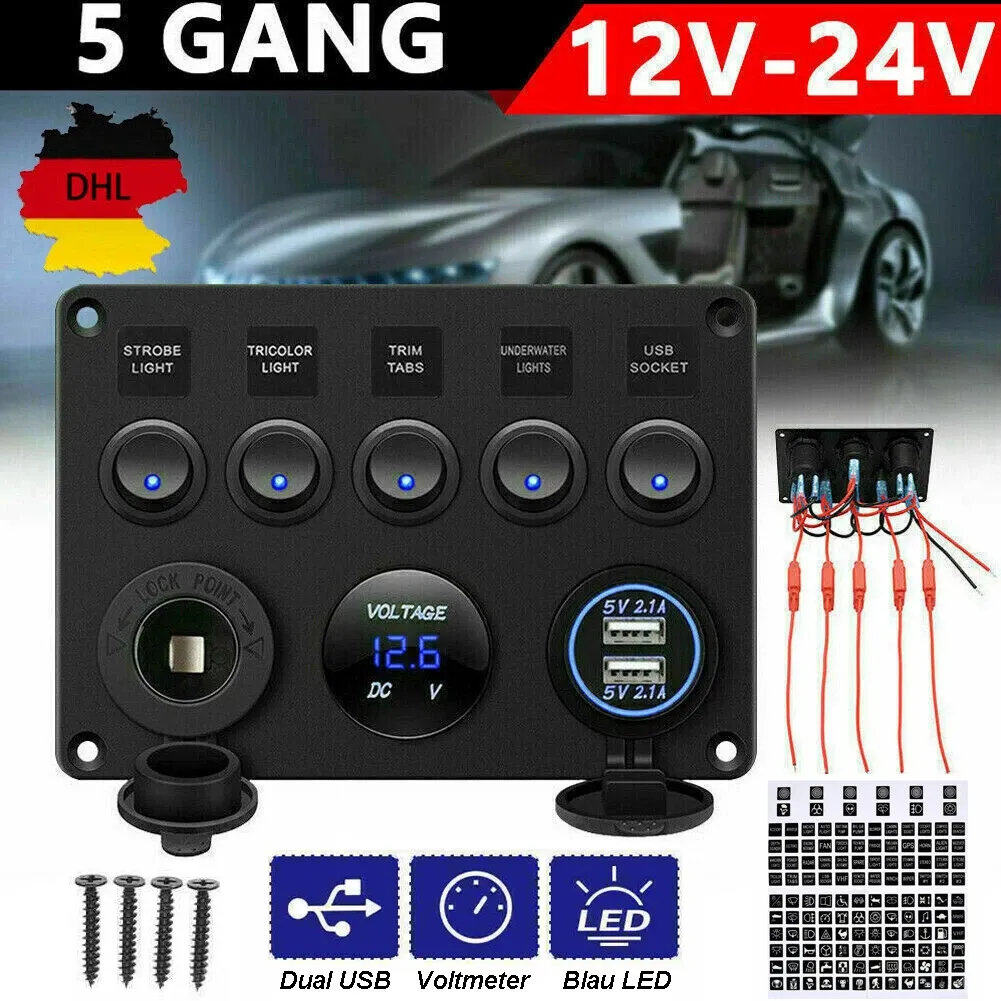 Support Pan European：12V/24V Car Boat 5-Gang LED Switch Panel Switch Panel Voltmeter Dual USB