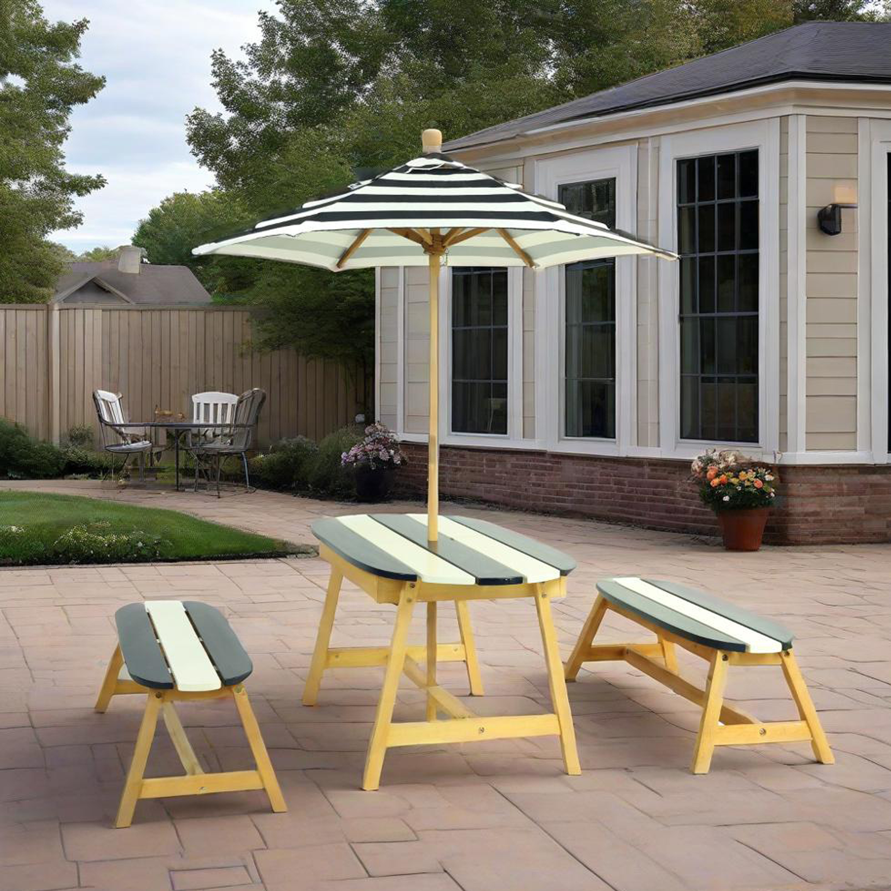 Naturally Playful Kids Picnic Table With  Umbrella, Indoor Outdoor Toys-Dark Blue - Image 1