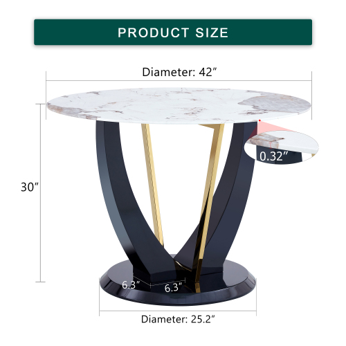 42 Inch Diameter Round Tempered Glass Dining Table - Modern Design, V-Shaped MDF Legs. Imitation Marble Texture Sticker,MDF Painting.