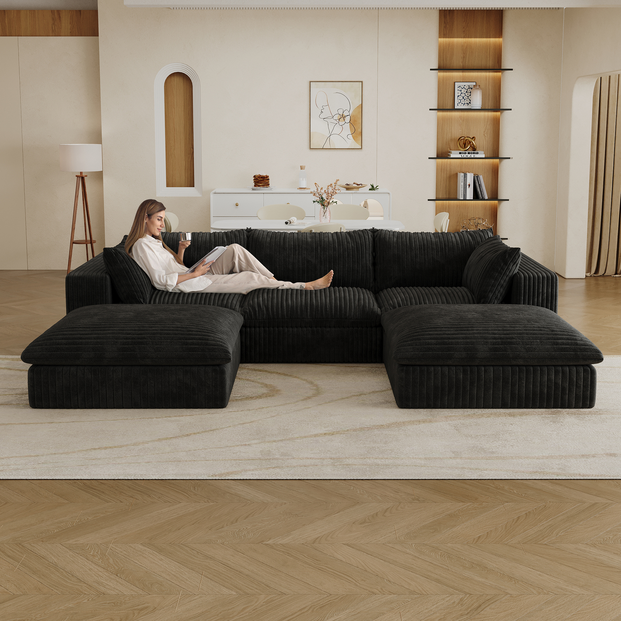 118.2 Cloud Sofa,Corduroy Fabric,Deep Seat Couches,Double-layer Design,Removable Cushion,No Assembly, DIY Combination For Living Room, Bedroom,Conference Room ,Apartment,Black