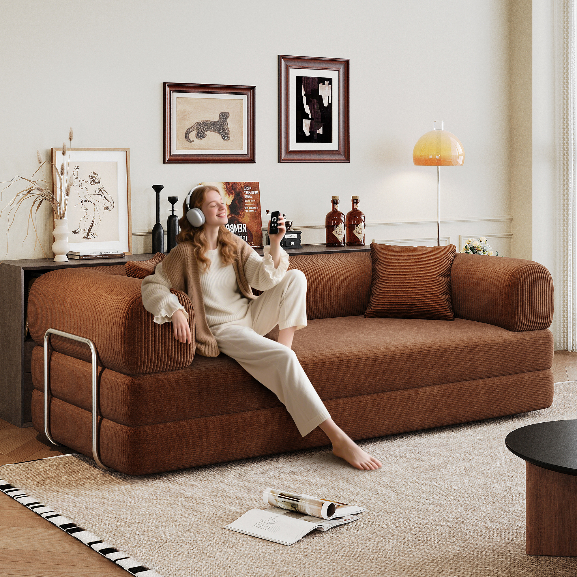 78.8 Compression Sofa,Convertible Floor Sofa Bed-with Pillow Back Support Armrest,Comfy Futon Couch Sleeper Bed,Loveseats Boneless Modular Sectional Sofa,Corduroy Fabric,for Living Room,Bedroom,Brown