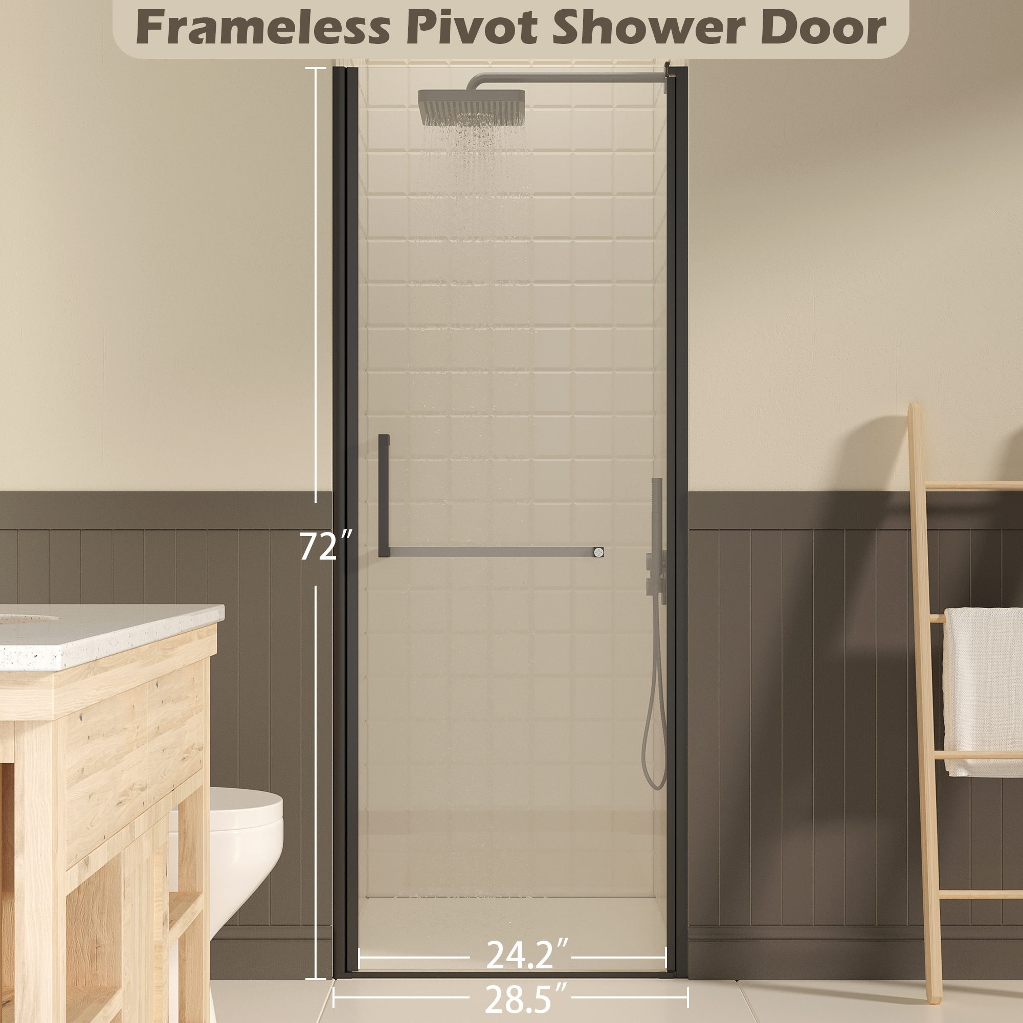 27-28 W  72 H Frameless Pivot Shower Door, Pivot Swing Shower Glass Doors With 0.25 6mm  SGCC Clear Tempered Glass,Explosion-Proof Film, Reversible Installation, Matte Black