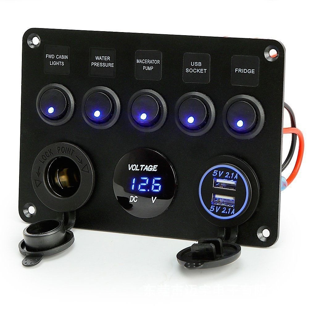 Support Pan European：12V/24V Car Boat 5-Gang LED Switch Panel Switch Panel Voltmeter Dual USB
