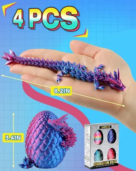 8" 3D Printed Dragon Eggs, Mystery Crystal Dragon Egg For Easter Basket Stuffers, Unique Easter Toys & Decor, Fantasy Tabletop Decor For Kids & Collectors (4 Pa