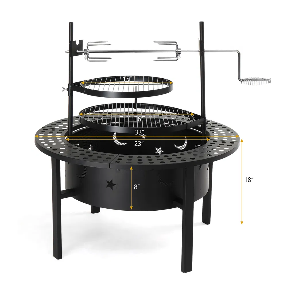 33 Inch Outdoor Fire Pit With 2 Cooking Grills, Wood Burning Firepit With Remova