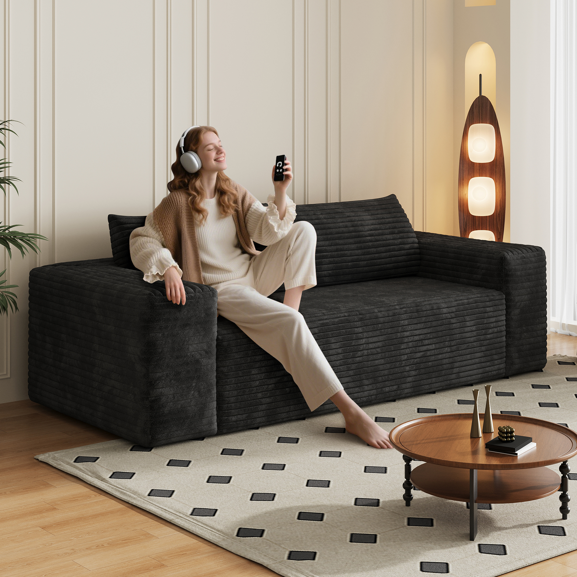 78.8 3Setaser Sofa,Corduroy Fabric,Deep Seat Couches,Comfy Loveseat Sofa,No Assembly,1pcs For Living Room, Bedroom,Conference Room ,Apartment,Black