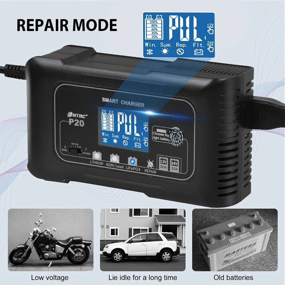 Support Pan European-Car Intelligent Battery Charger Automotive Lithium LiFePO4 AGM GEL 12-24V     20A-10A