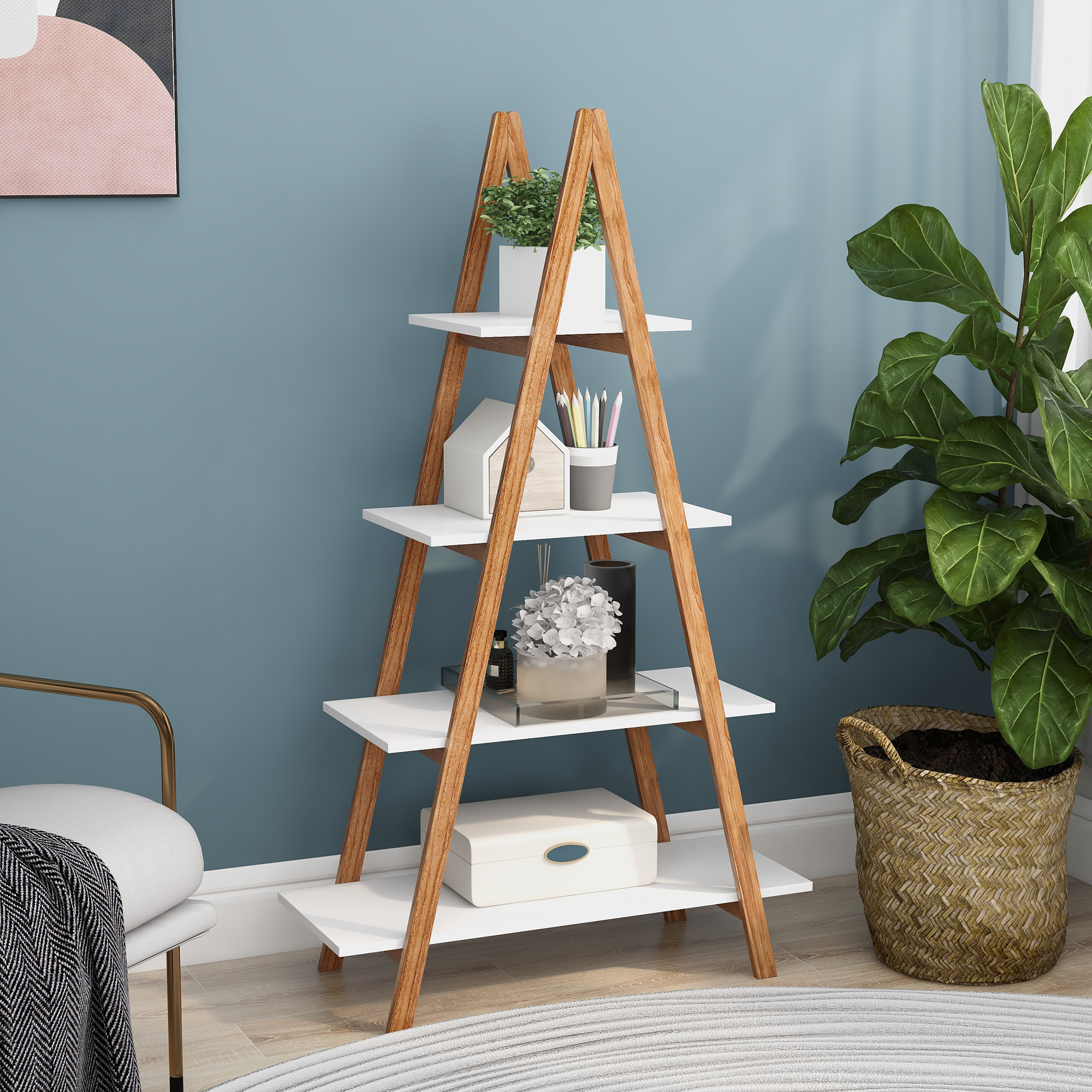 Solid Bamboo Wood Oxford A Frame Ladder Display Bookshelf - Image 1