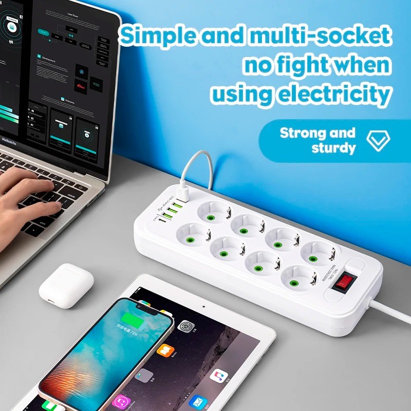 Support Pan European：Power Strip 8-Way Multi-Outlet With Type-C And 4 USB Sockets EU