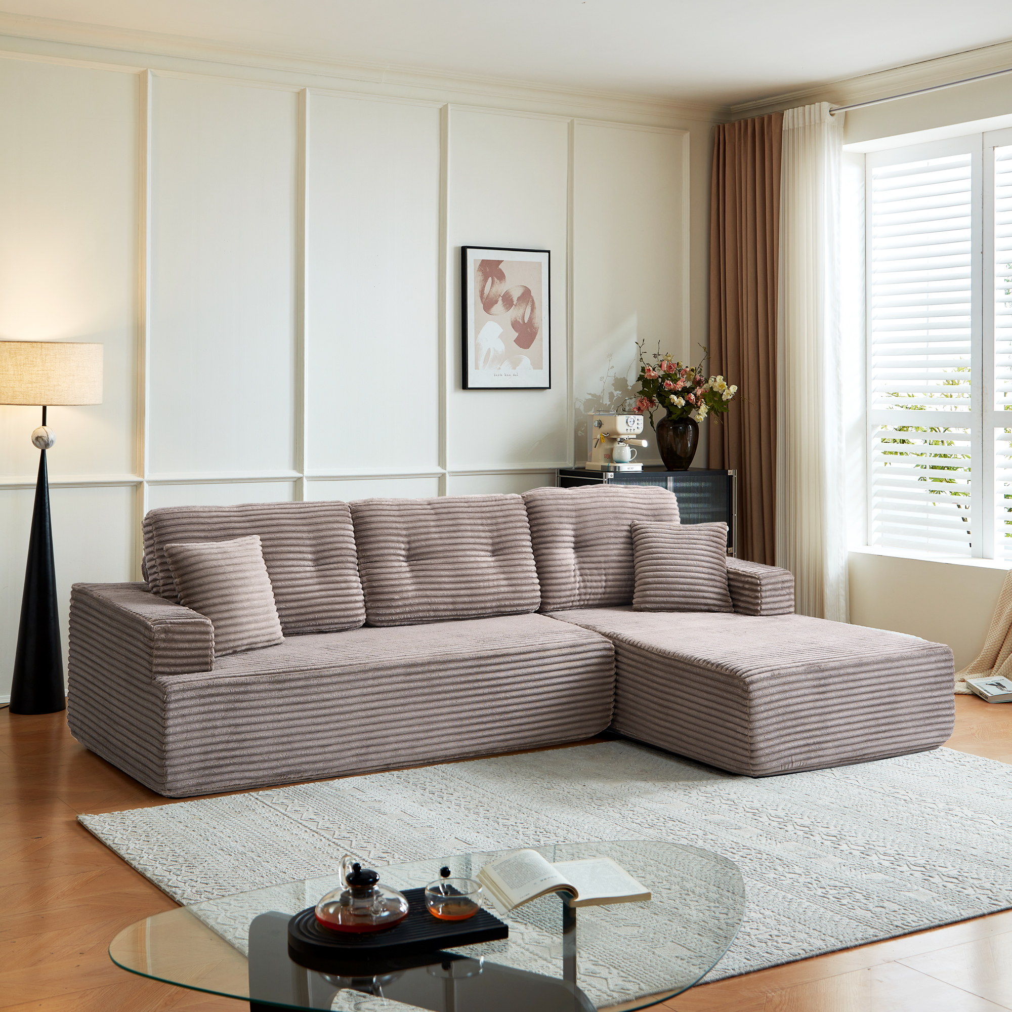 Left-Facing Chaise,L Shape Modular Sectional Sofa, Compressed Sectional Sofa Modern Minimalist Style Corduroy Couch,Unfold Into A Bed, Bedroom, Comfy Compressed Sofa - Image 1