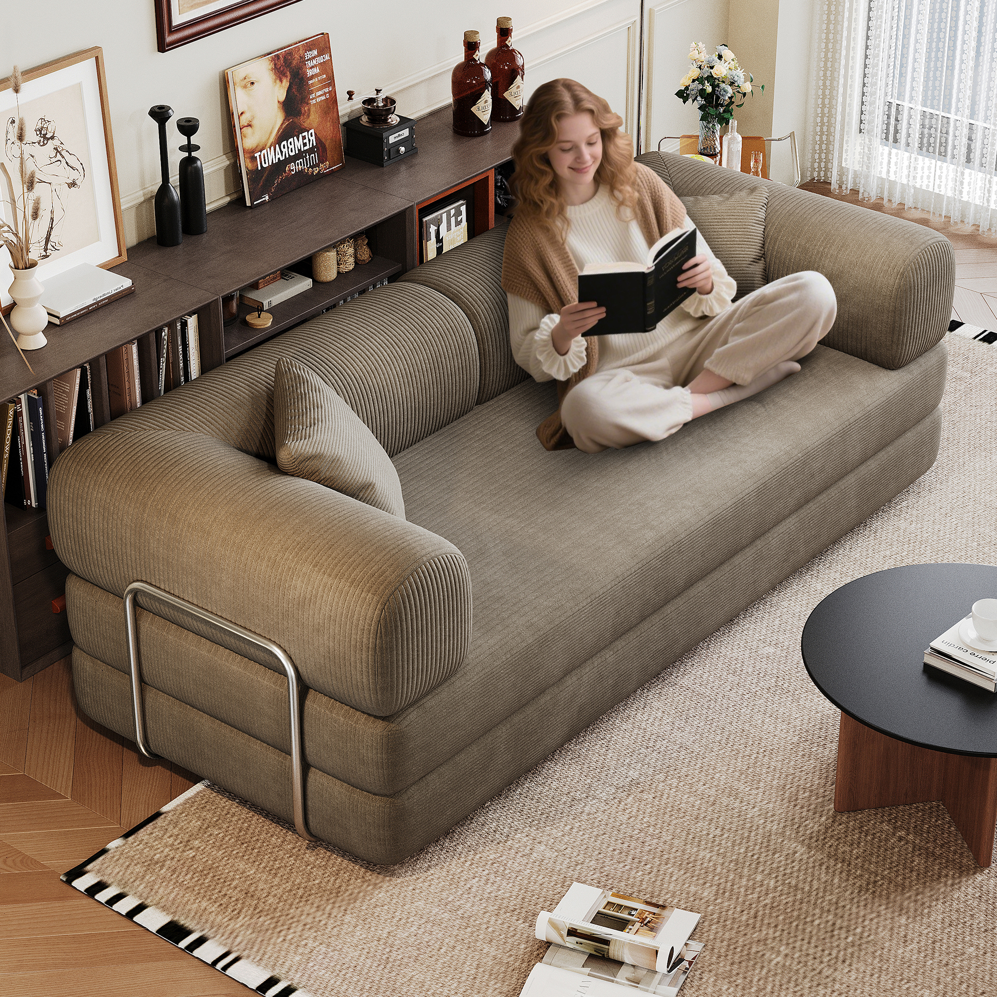 78.8 Compression Sofa,Convertible Floor Sofa Bed-with Pillow Back Support Armrest,Comfy Futon Couch Sleeper Bed,Loveseats Boneless Modular Sectional Sofa,Corduroy Fabric,for Living Room,Bedroom,Camel