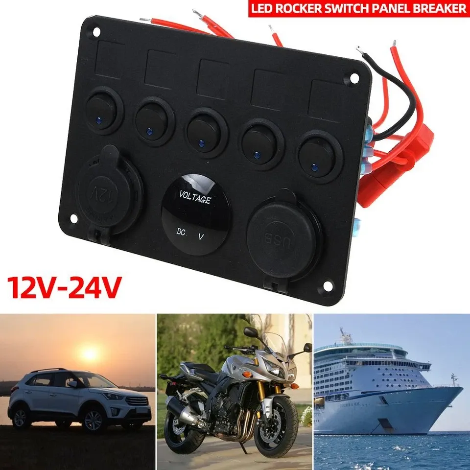 Support Pan European：12V/24V Car Boat 5-Gang LED Switch Panel Switch Panel Voltmeter Dual USB