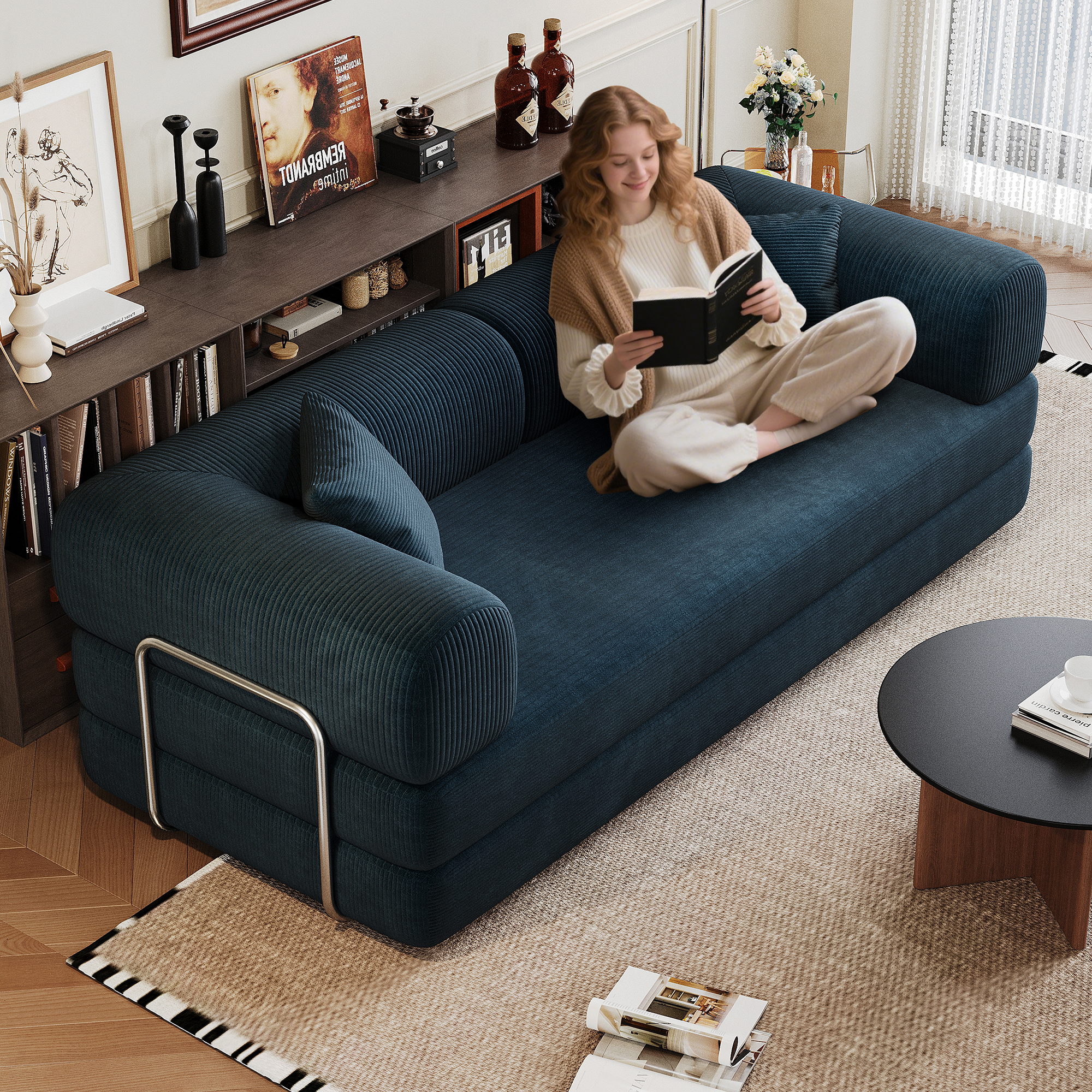 78.8 Compression Sofa,Convertible Floor Sofa Bed-with Pillow Back Support Armrest,Comfy Futon Couch Sleeper Bed,Loveseats Boneless Modular Sectional Sofa,Corduroy Fabric,for Living Room,Bedroom,Blue