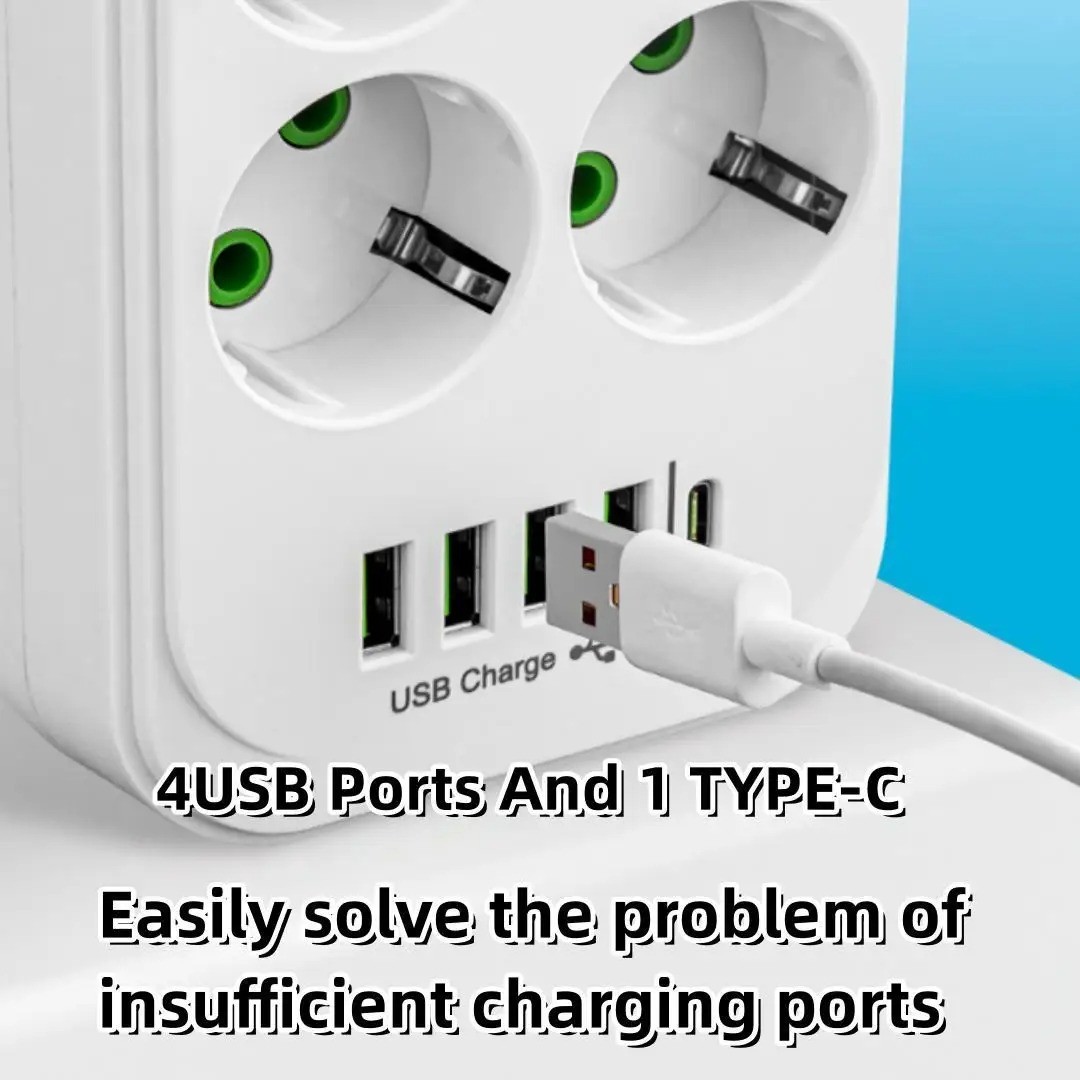 Support Pan European：Power Strip 8-Way Multi-Outlet With Type-C And 4 USB Sockets EU