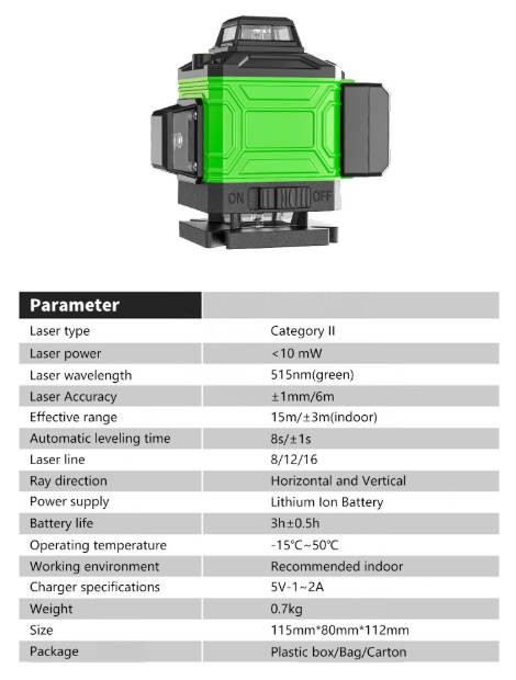 Support Pan European：16 Line Laser Level Spirit Level 4D 360° Cross Line Laser Self-Leveling Kit