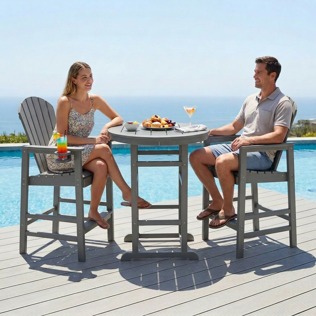 3-Piece Gray HDPE Indoor Outdoor Bar Height Bistro Set