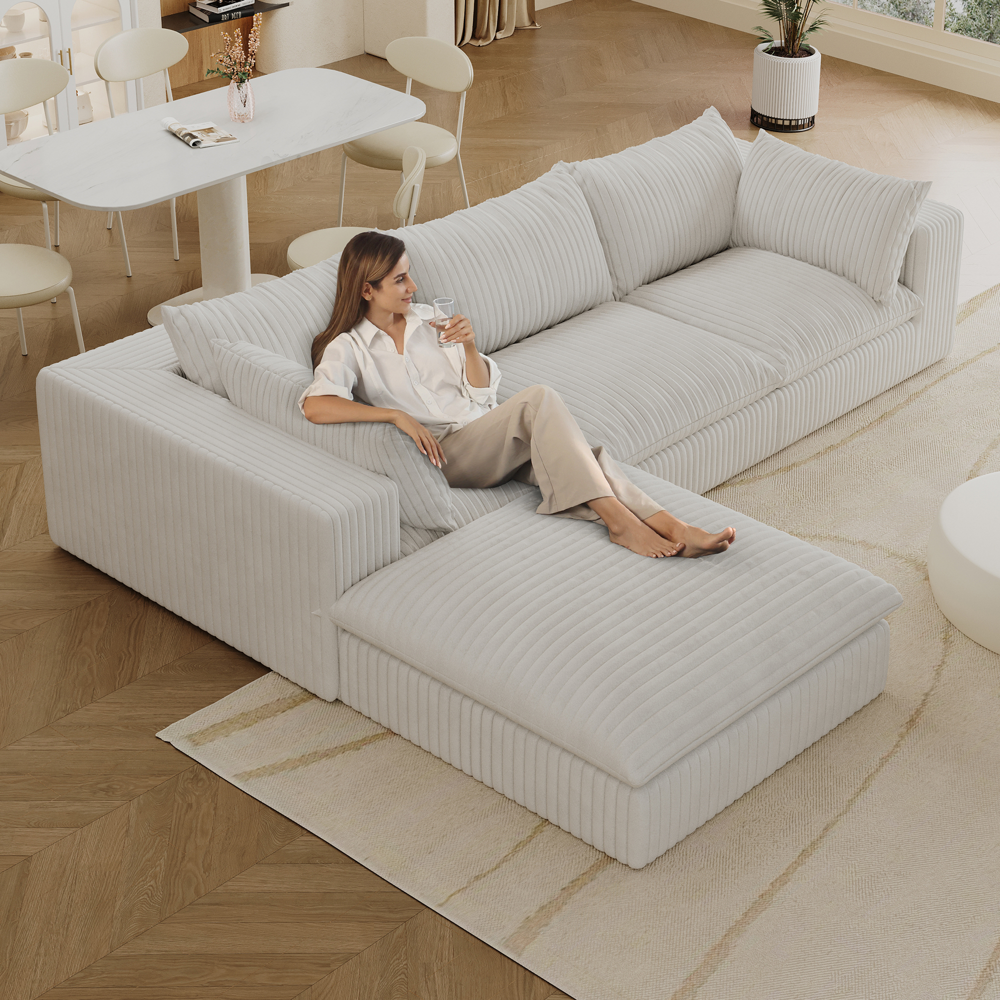 118.2 Cloud Sofa,Corduroy Fabric,Deep Seat Couches,Double-layer Design,Removable Cushion,No Assembly, DIY Combination For Living Room, Bedroom,Conference Room ,Apartment,White