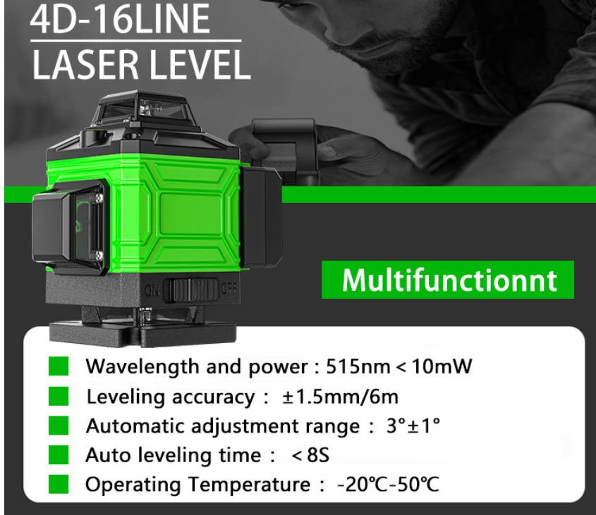 Support Pan European：16 Line Laser Level Spirit Level 4D 360° Cross Line Laser Self-Leveling Kit
