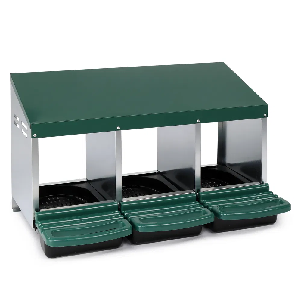 3 Compartment Roll Out Chicken Nesting Box Green w/ Plastic Baskets Egg Laying B