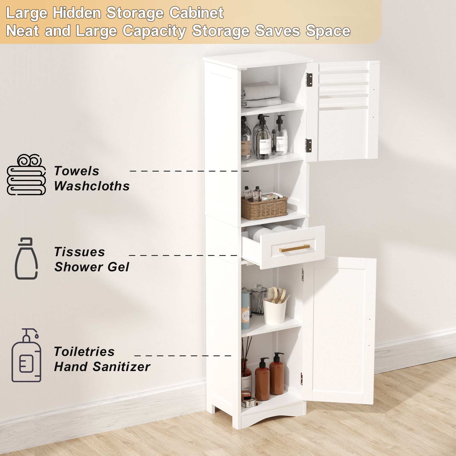 Tall Bathroom Floor Storage Cabinet,Narrow Slim Freestanding Cabinet With 1 Drawer And 2 Doors Storage Cabinet With 5 Adjustable Height Shelf, 15 X 12 X 67Inches, White