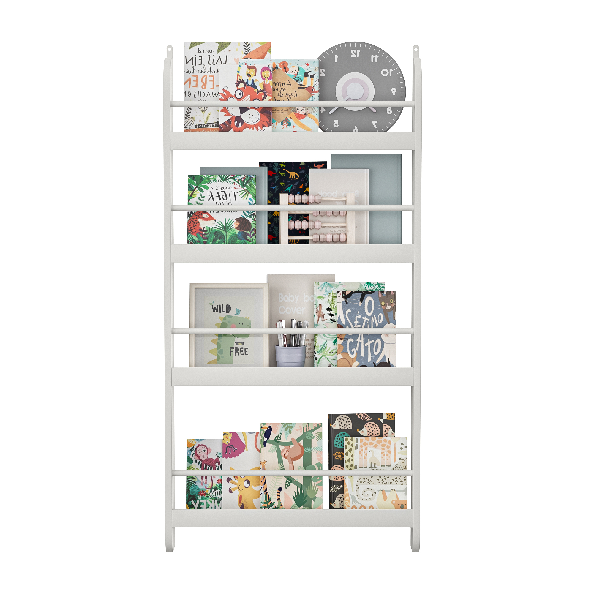 4-Tier Kids Bookshelf, Wall Mounted Kids Bookcases Organizer For Toys And Books