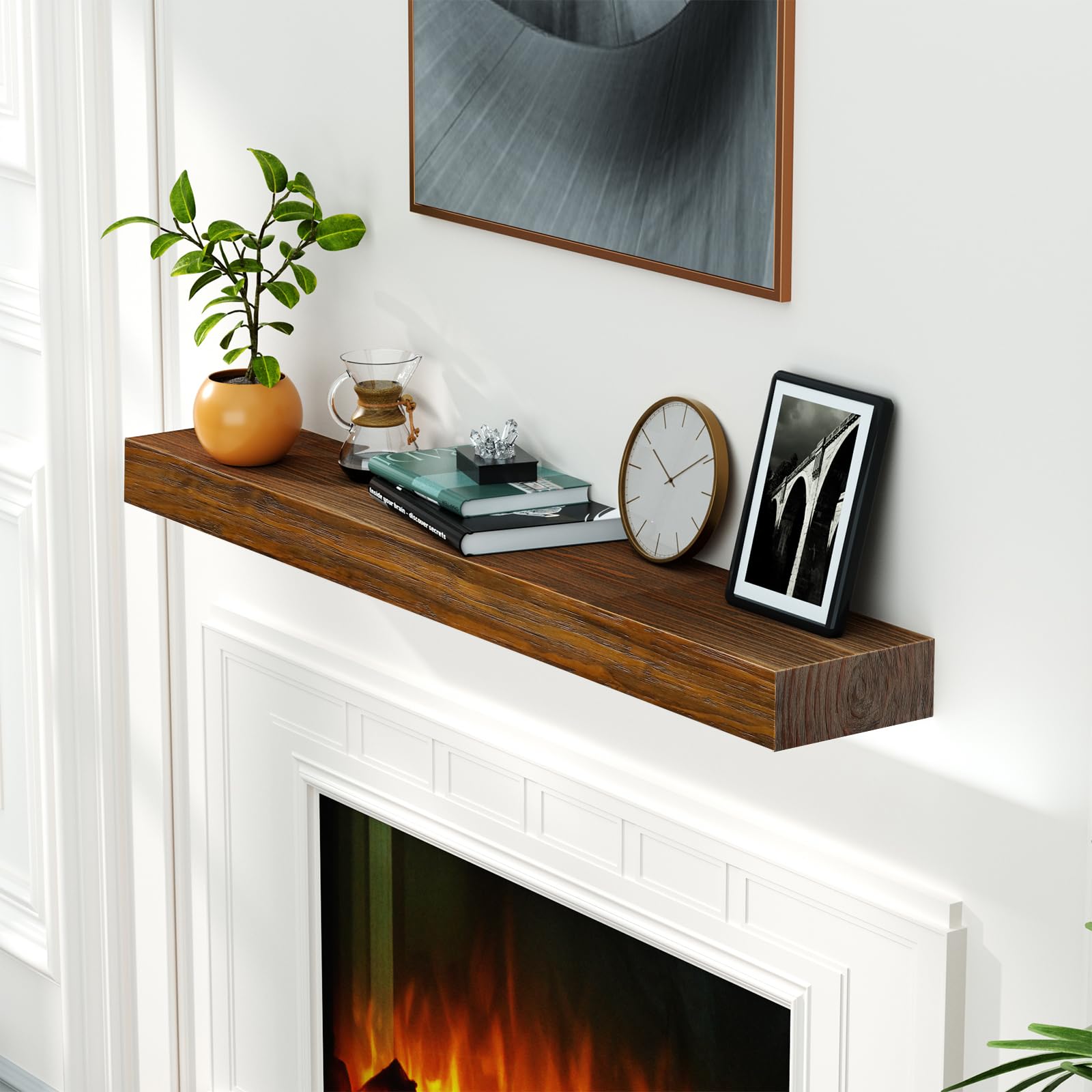Fireplace Mantel, Wood Floating Fireplace Shelves,Wall Mounted Wooden Display Shelving,Handcrafted Wood Brack,Natural Mantels Over Fireplace,48  X 8  X 3 -Dark Chocolate - Image 1