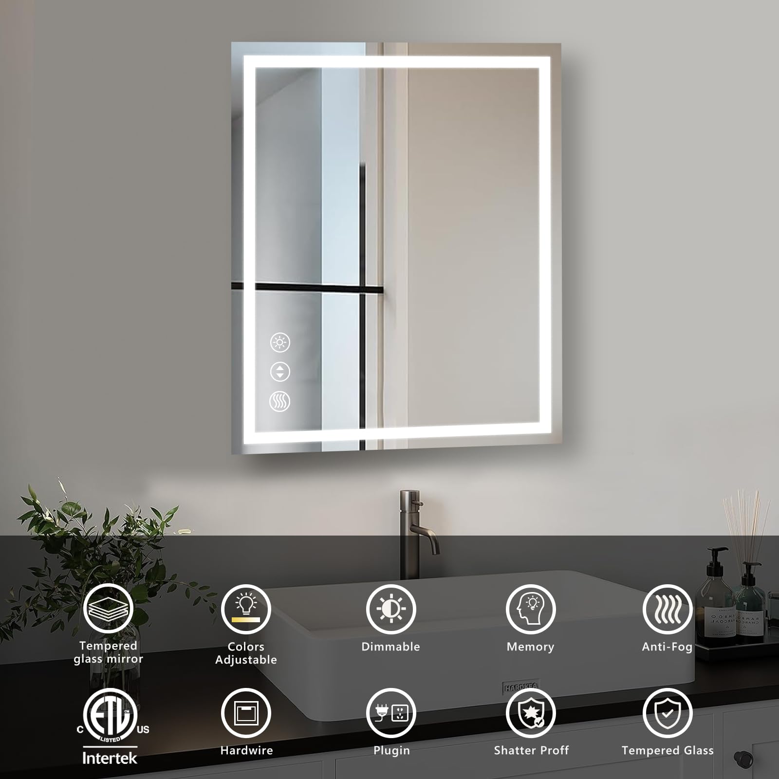 LED Bathroom Mirror 28 X 20 Inches With Front And Backlit,Anti-Fog,3 Colors And Dimmable Light,Tempered Glass
