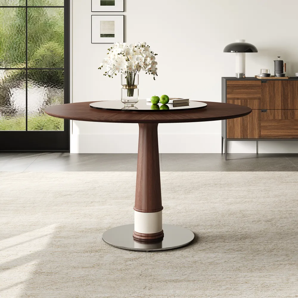 47 Inch Solid Wood Dining Table With 23 Inch Tempered Glass Lazy Susan  Stainless Steel Base Round Kitchen Table Retro Fashion Home Restaurant Office Table