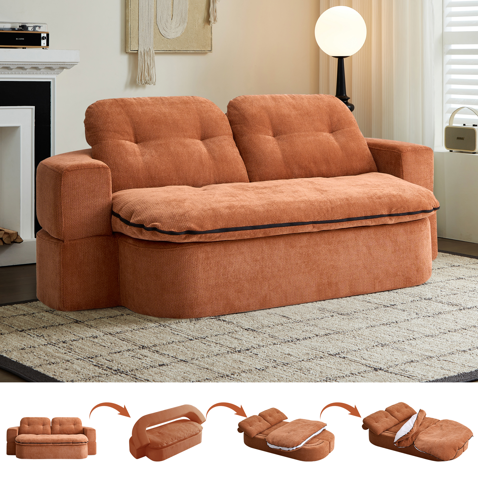 Modern Floor Sofa With 2 Pillows,Convertible Corduroy Fabric Foam-Filled Sleeper Sofa Bed, No Assembly Required,Convertible Sofa Cushion Unfolds Into Quilt,Folding Mattress For Living Room,Playroom