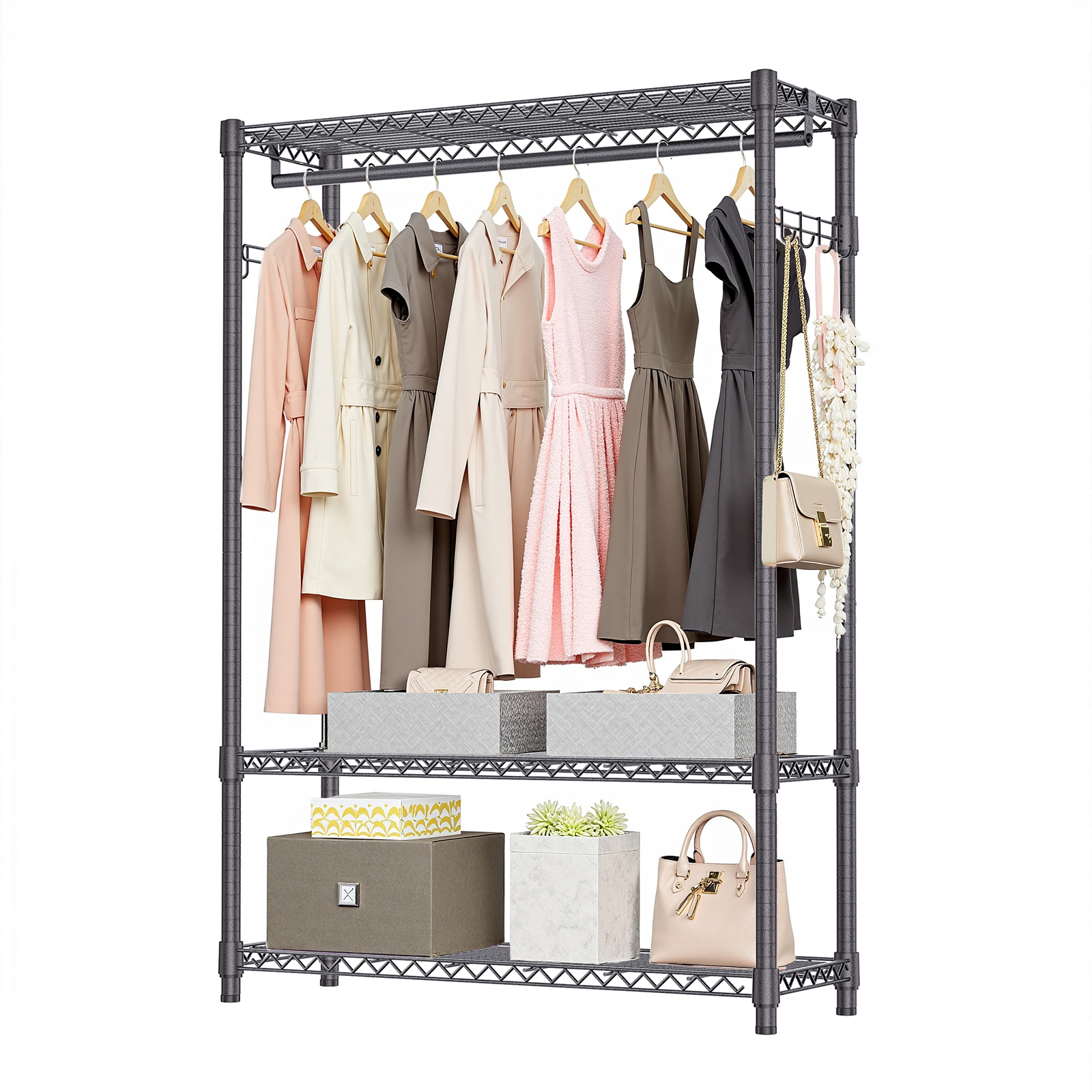 Heavy Duty Garment Rack, Freestanding Clothing Rack For Hanging Clothes With 1 Rod, 3 Tiers & Side Hooks, Adjustable Metal Wardrobe Closet Organizer, 45.3  W X 15.7  D X 72.4  H, Dark Grey - Image 1