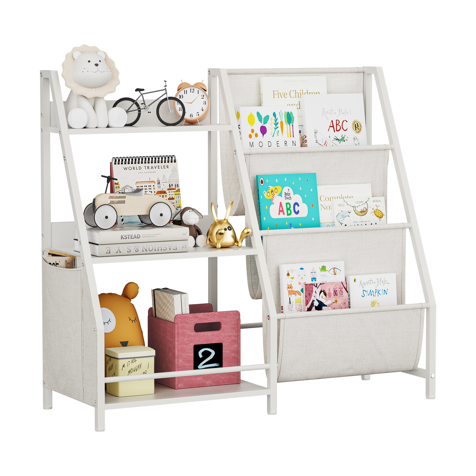 Kids Bookshelf And Toy Storage Organizer, Montessori Bookcase For Toddler Nursery, Wooden & Fabric Book Shelf With Anti-Tip Safety, White - Image 1