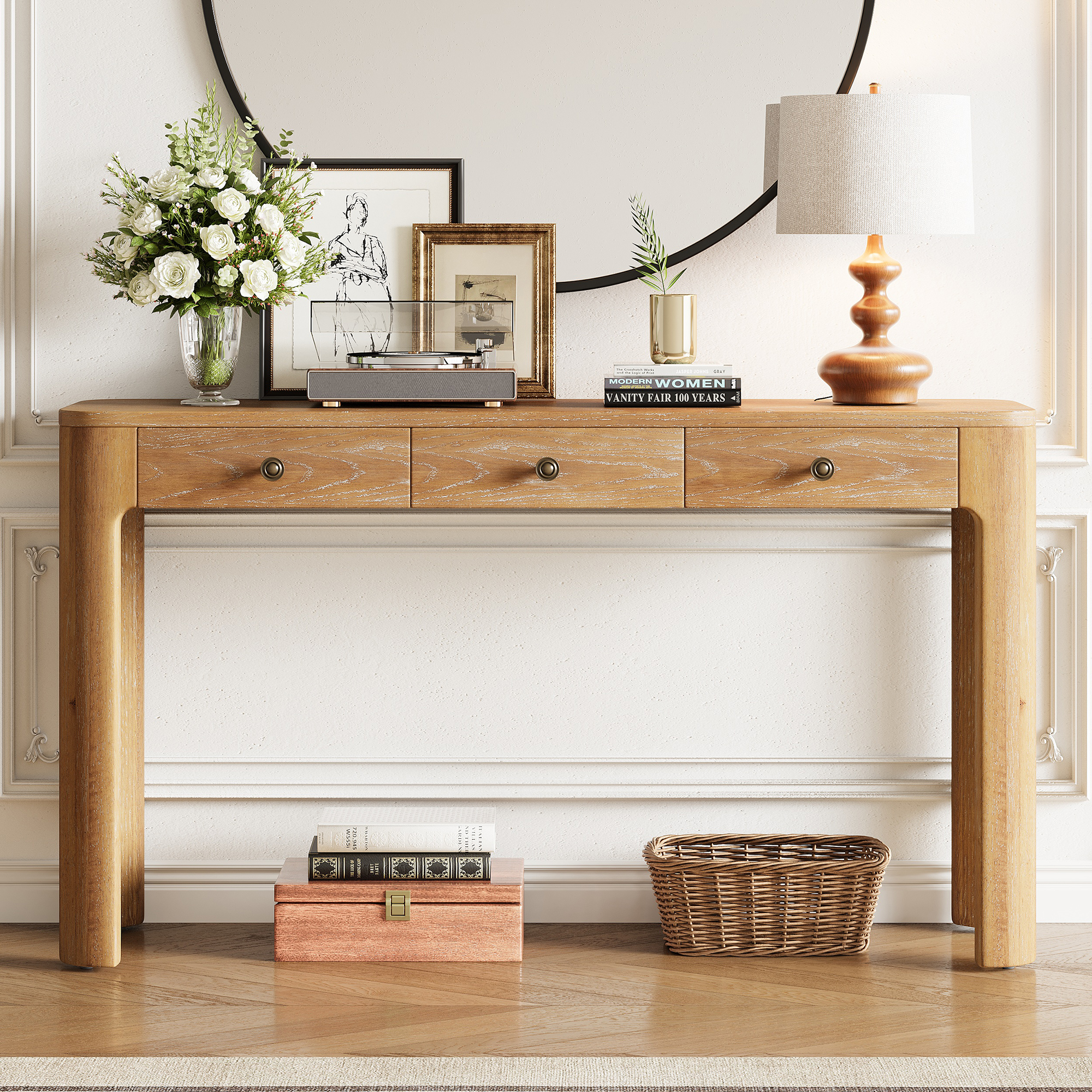 TREXM Rustic Console Table With Curved Corners For Safety  Entryway Table With 3 Concealed Drawers  Sturdy Sofa Table With Thick Legs For Hallway & Living Room  Natural