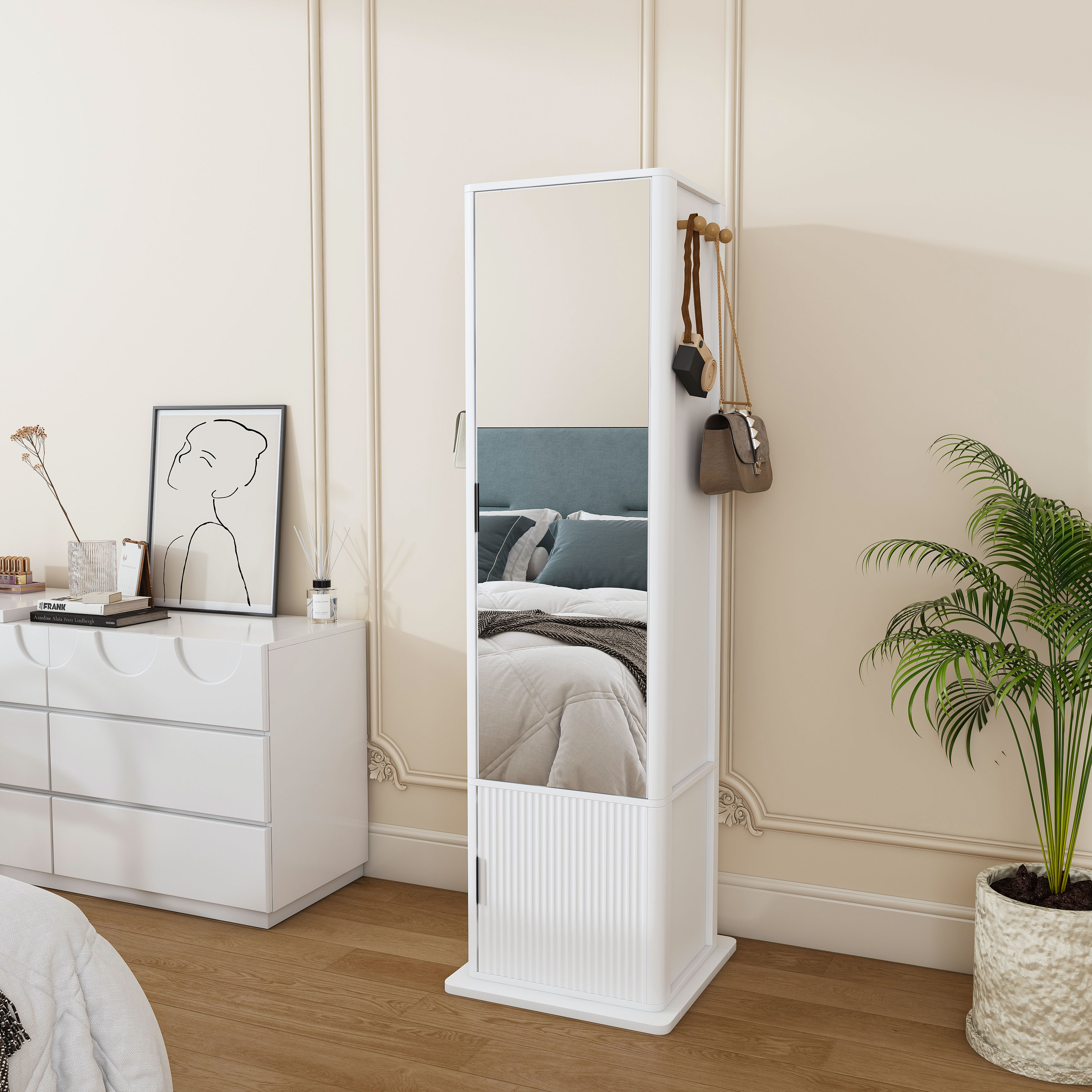 360  Rotating Makeup Cabinet  Jewelry Cabinet With A Full-length Mirror  Standing Storage Cabinet With A Coat Rack  4 Layers Of Open Shelves And 2 Layers Of Built-in Shelves  White - Image 1