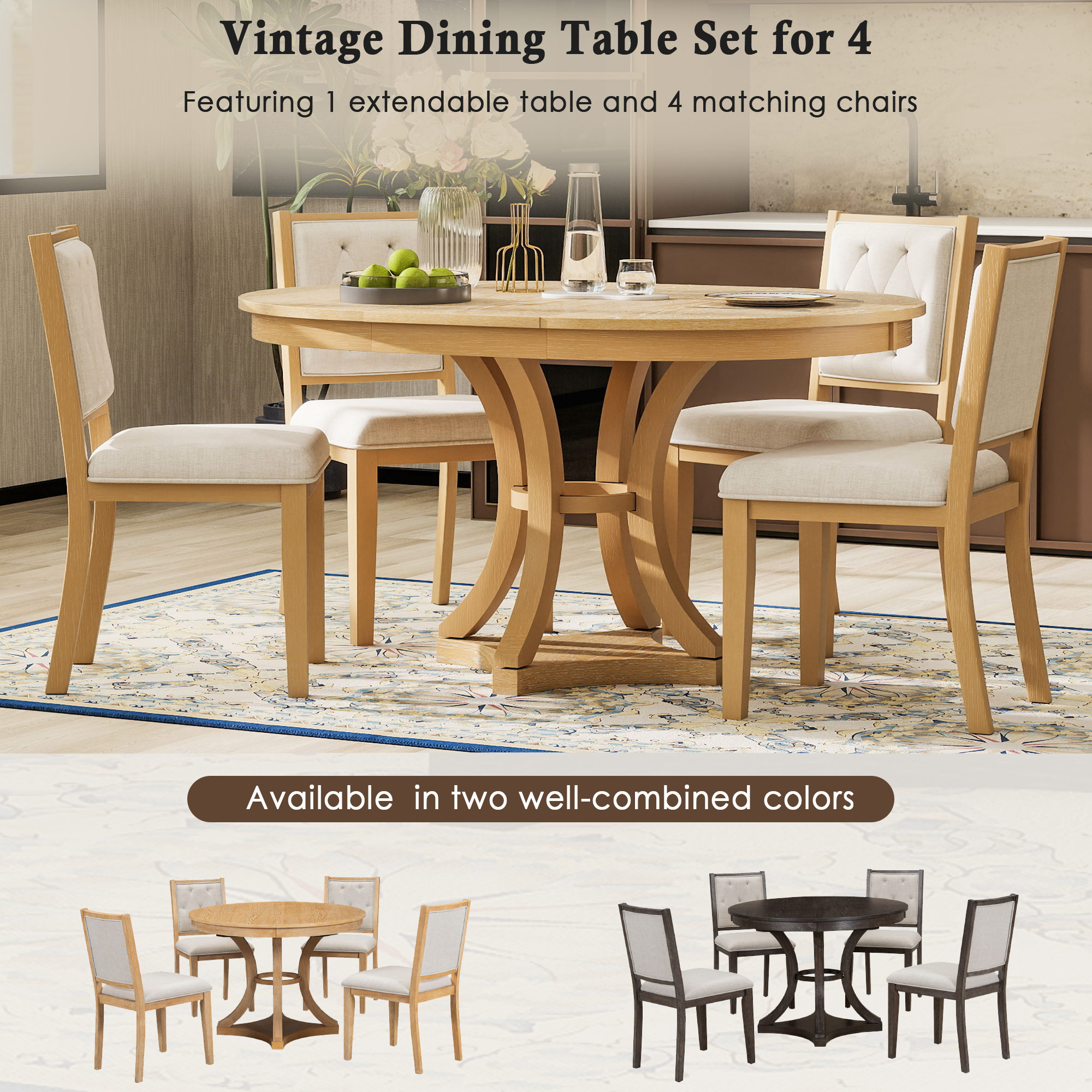 TREXM 5-Piece Retro Functional Dining Table Set Extendable Round β photo 5