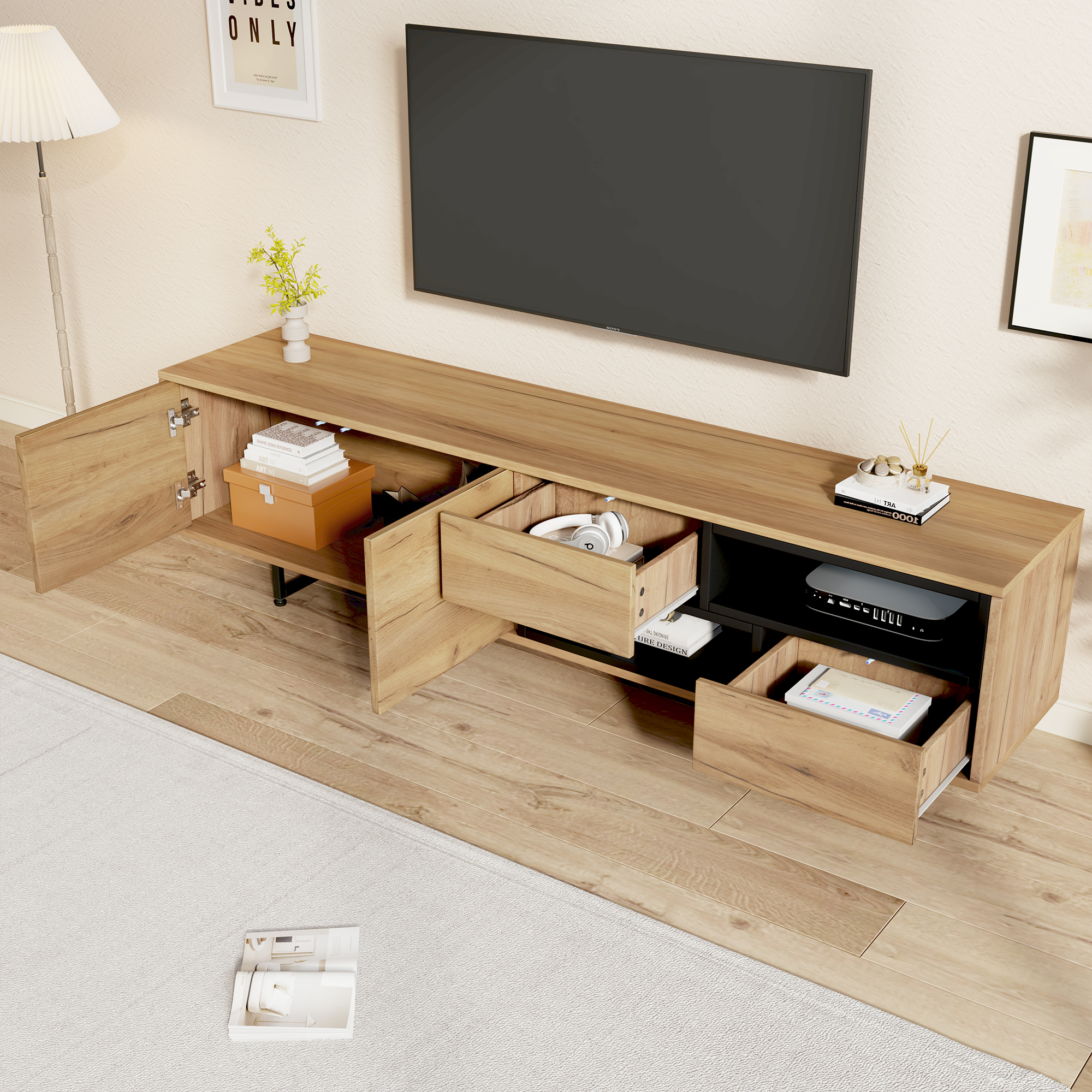 Living Room TV Cabinet,multi-functional Storage Cabinet,made Of Wood Grain Particleboard, With Open Storage Space Featuring Two Drawers And Two Cabinet Doors, Suitable For A 70-inch TV,173 X 38 X 48cm