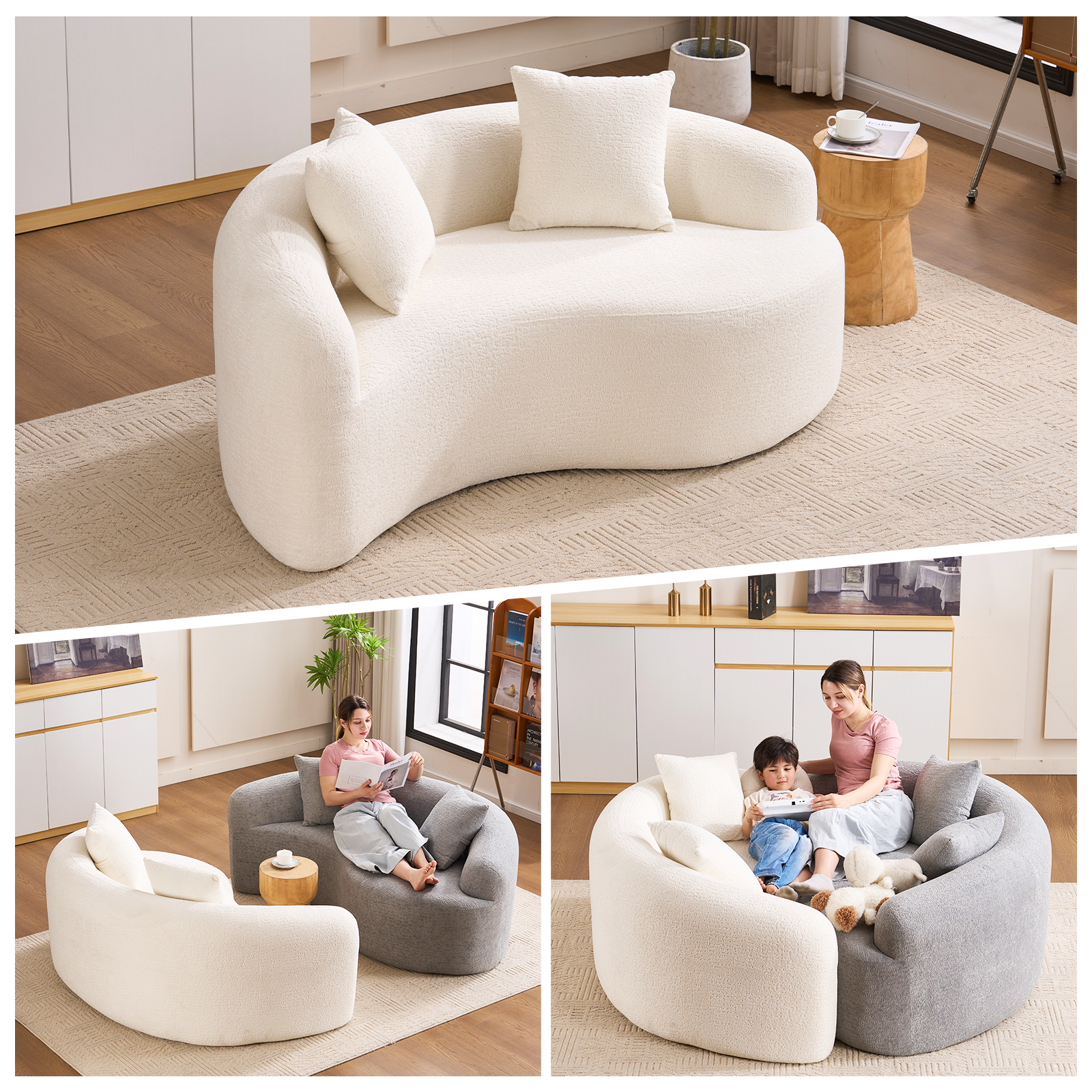 LY 042 S-Curved Chenille Sectional Sofa Dual-Depth  21.3 & 26.8   White  No Assembly  Compact For Small Spaces  400 Lbs  66.9 L - Image 1