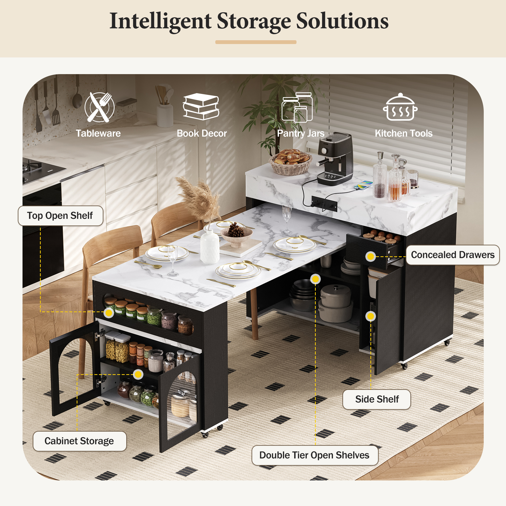 TREXM Extendable Dining Table With Extra-Long Folding Top Rolling Kitchen Island With Drawers Power Outlet And Brake Lock Storage Cabinet For Kitchen And Dining Room Black Marble White_voghion.com