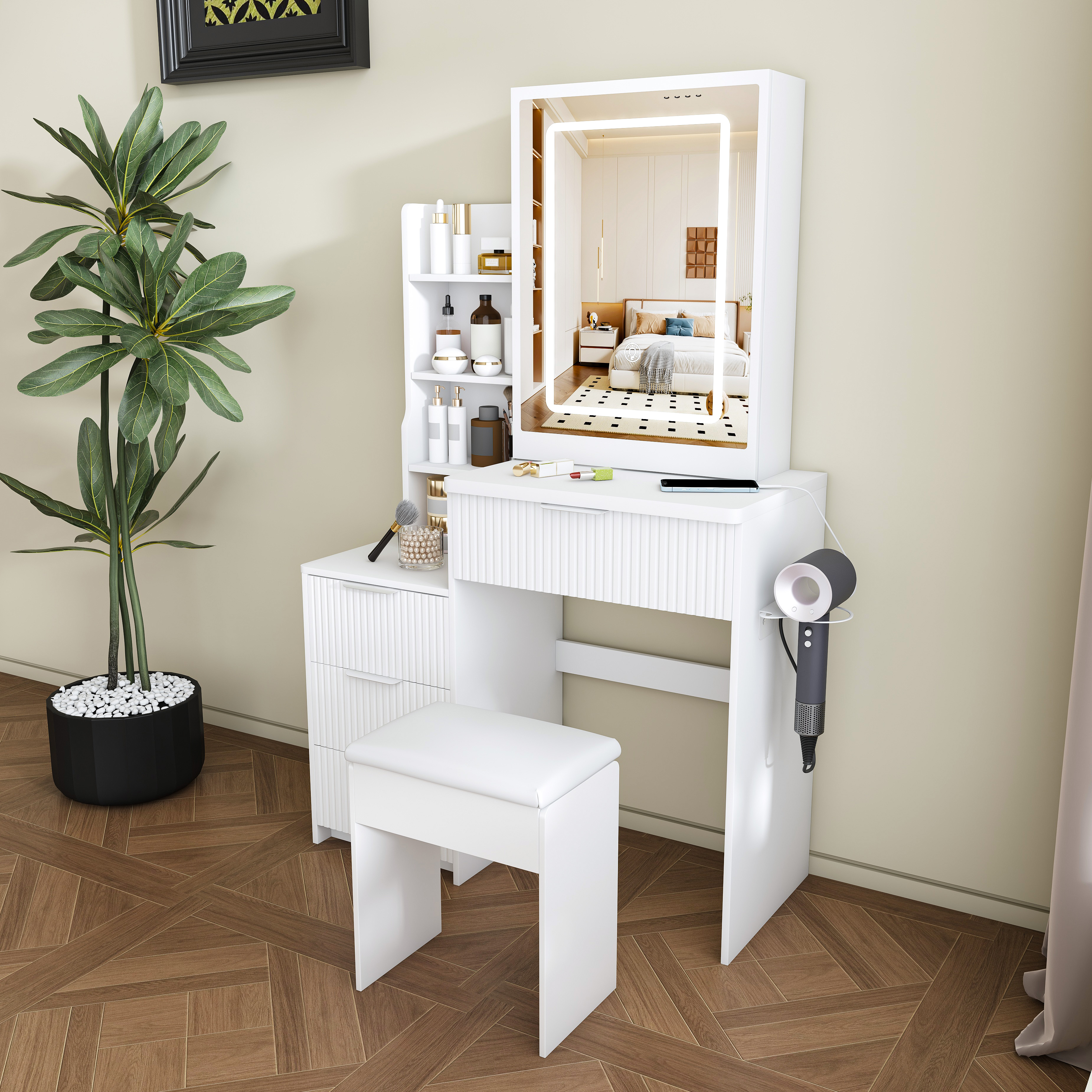 Modern Vanity Desk  Featuring 3 Modes Of LED Lighting With Adjustable Brightness   With 4 Drawers And Multiple Open Storage Shelves  With A Hair Dryer Holder And Power Socket  A Dressing Chair.white
