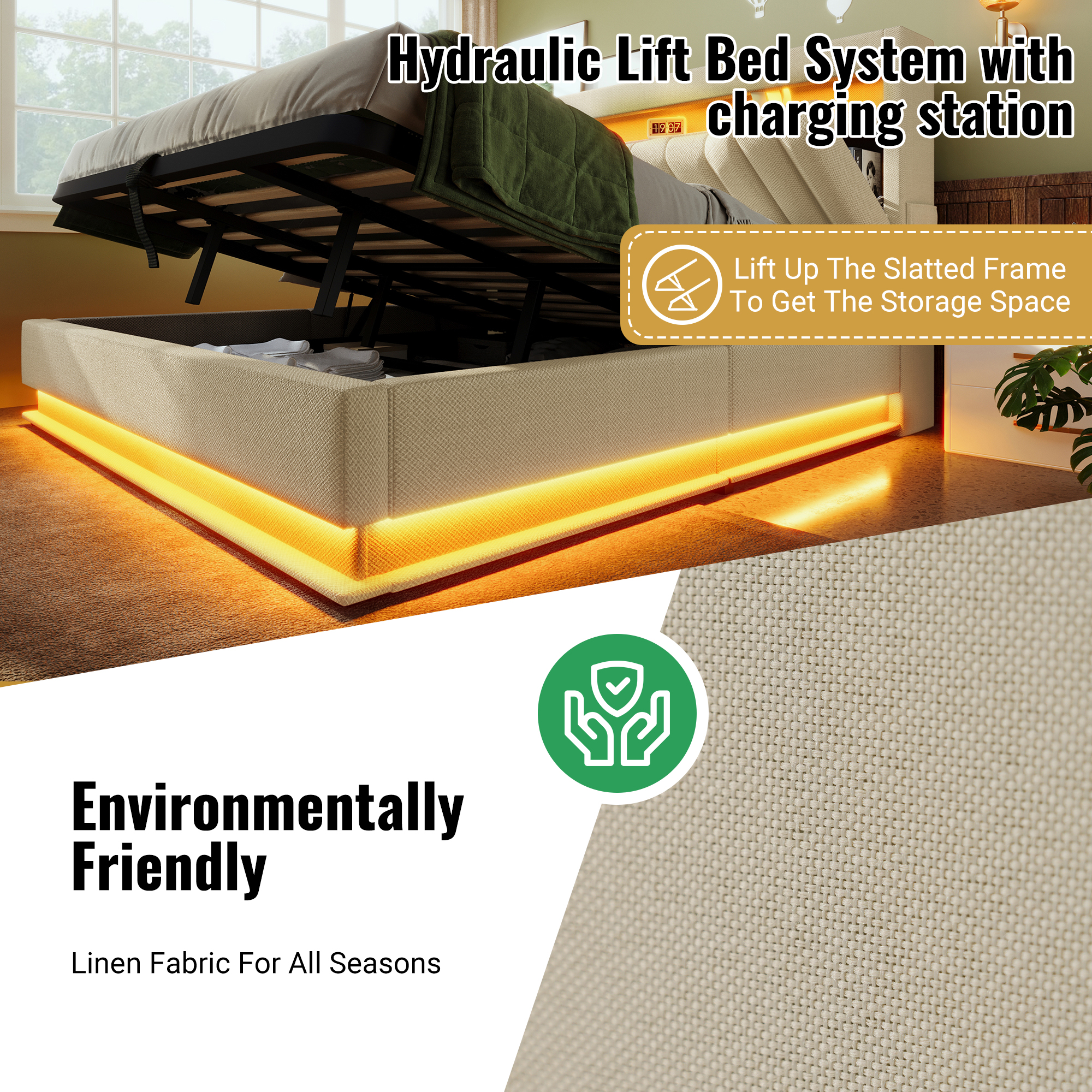 Beige Linen Double Ottoman Bed with Smart LED & Storage