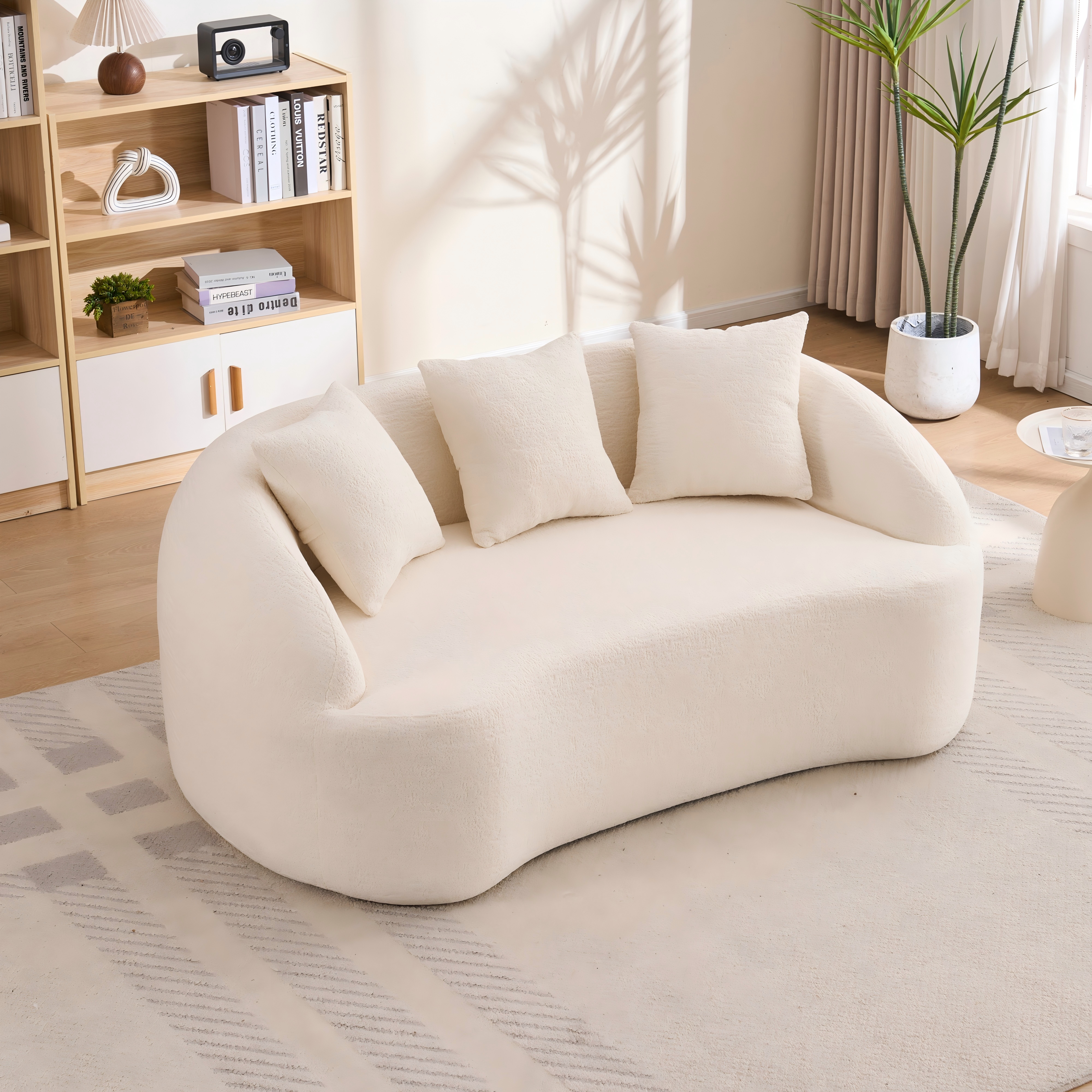 LY-049S Curved Modern Boneless Sofa Loveseat  Backrest Upgrade  2-Seater Off-White Chenille Compression Couch With 3 Pillows  Minimalist Modular Couches For Living Room  Office  Apartment  Guest Room