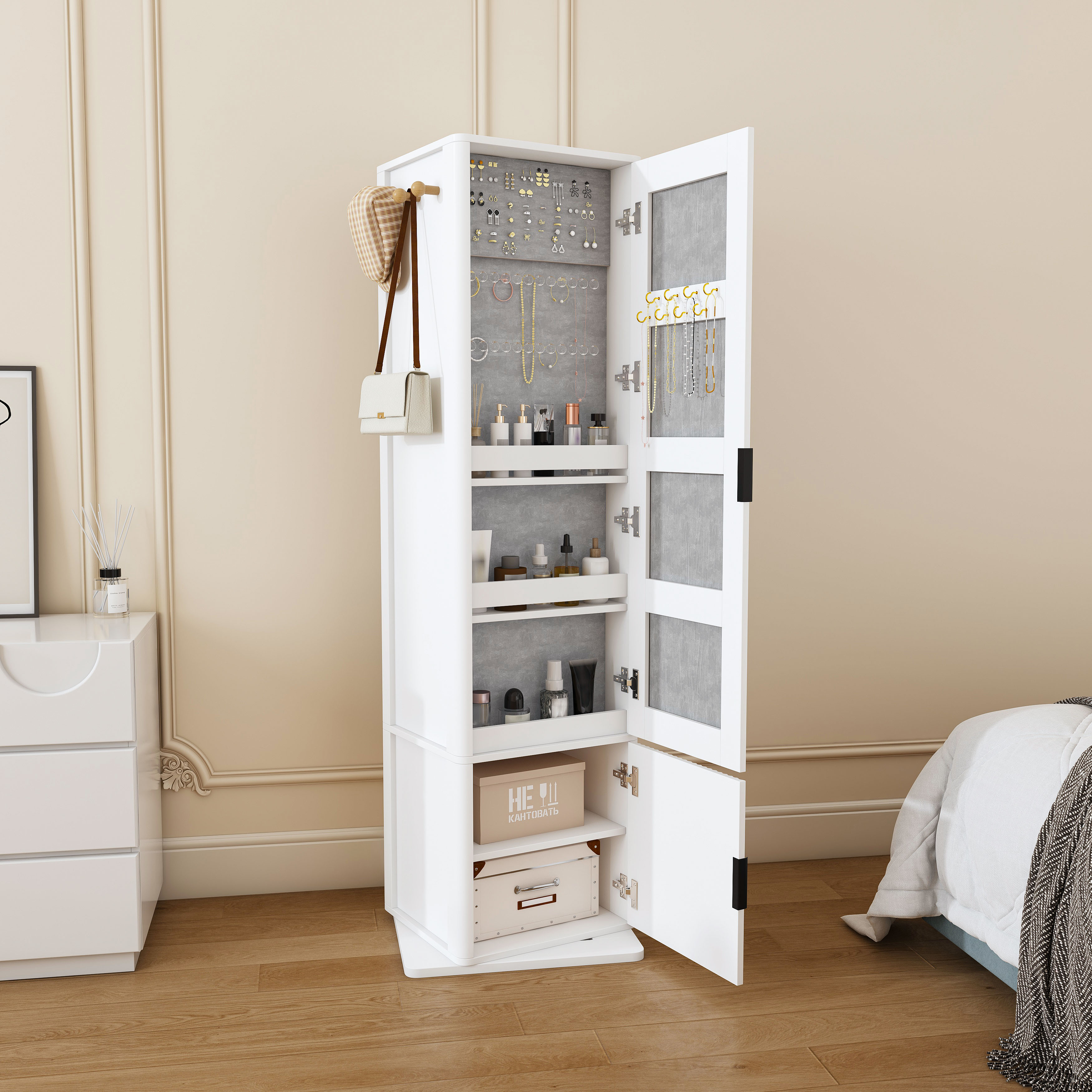 360  Rotating Makeup Cabinet  Jewelry Cabinet With A Full-length Mirror  Standing Storage Cabinet With A Coat Rack  4 Layers Of Open Shelves And 2 Layers Of Built-in Shelves  White