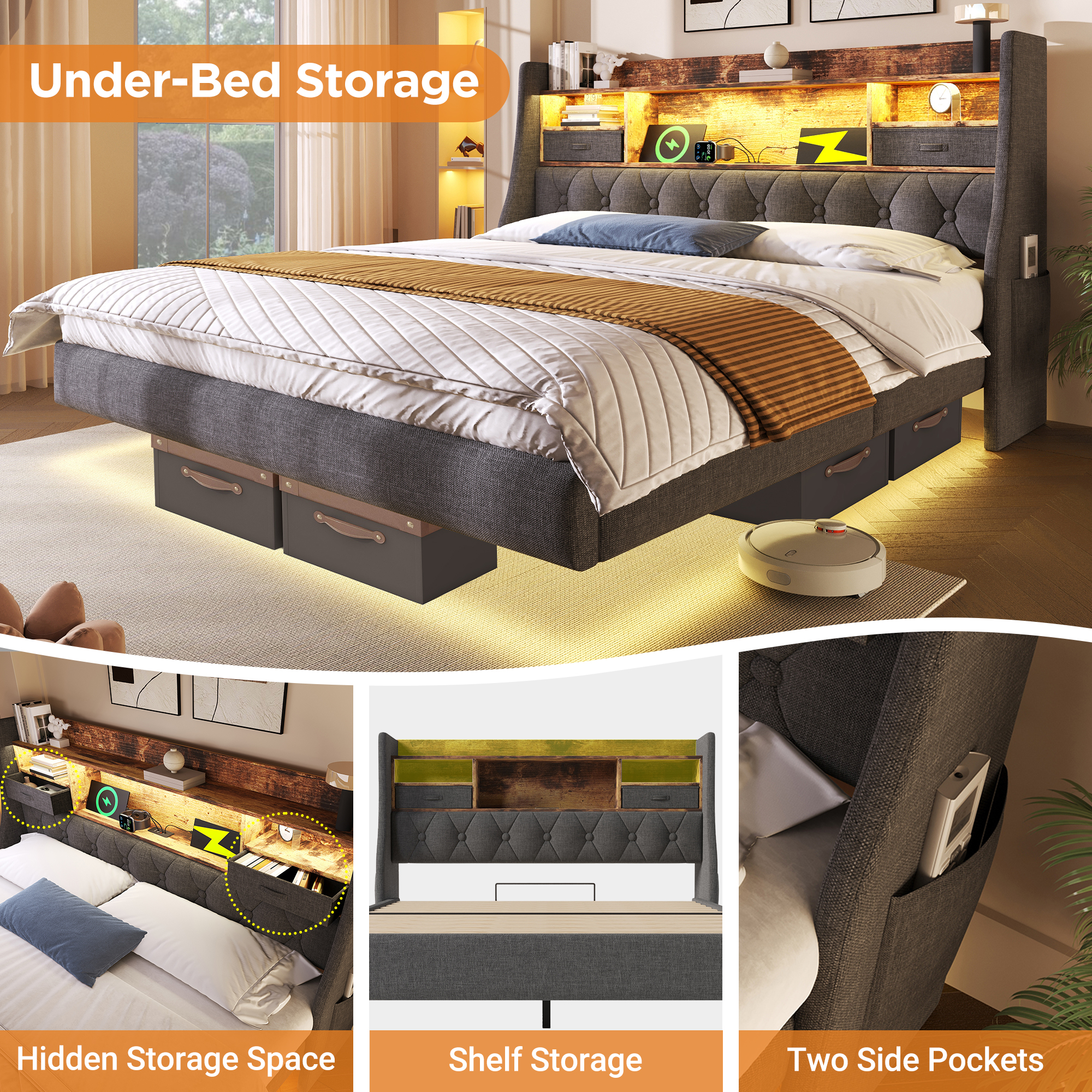 Upholstered Bed 4ft6 Floating Bed With LED Lighting, USB Type-C Charging, Storage Headboard For Cellphones And Tablets,  135 X 190 Cm Double Bed With Metal Slatted Frame, Linen, Grey  No Mattress