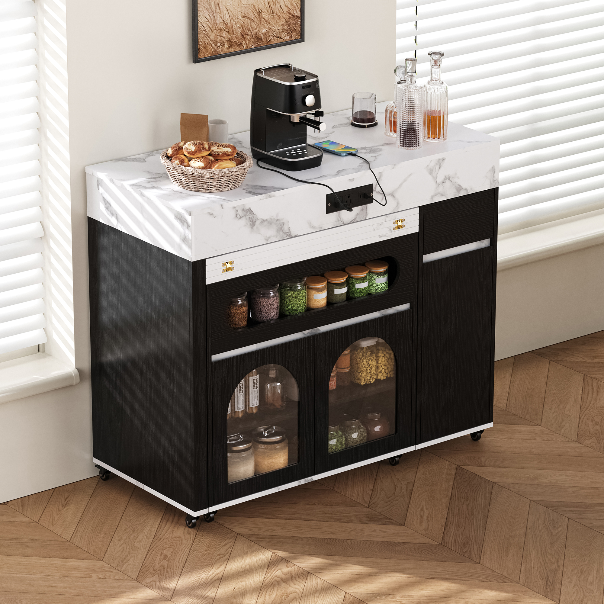 TREXM Extendable Dining Table With Extra-Long Folding Top Rolling Kitchen Island With Drawers Power Outlet And Brake Lock Storage Cabinet For Kitchen And Dining Room Black Marble White_voghion.com