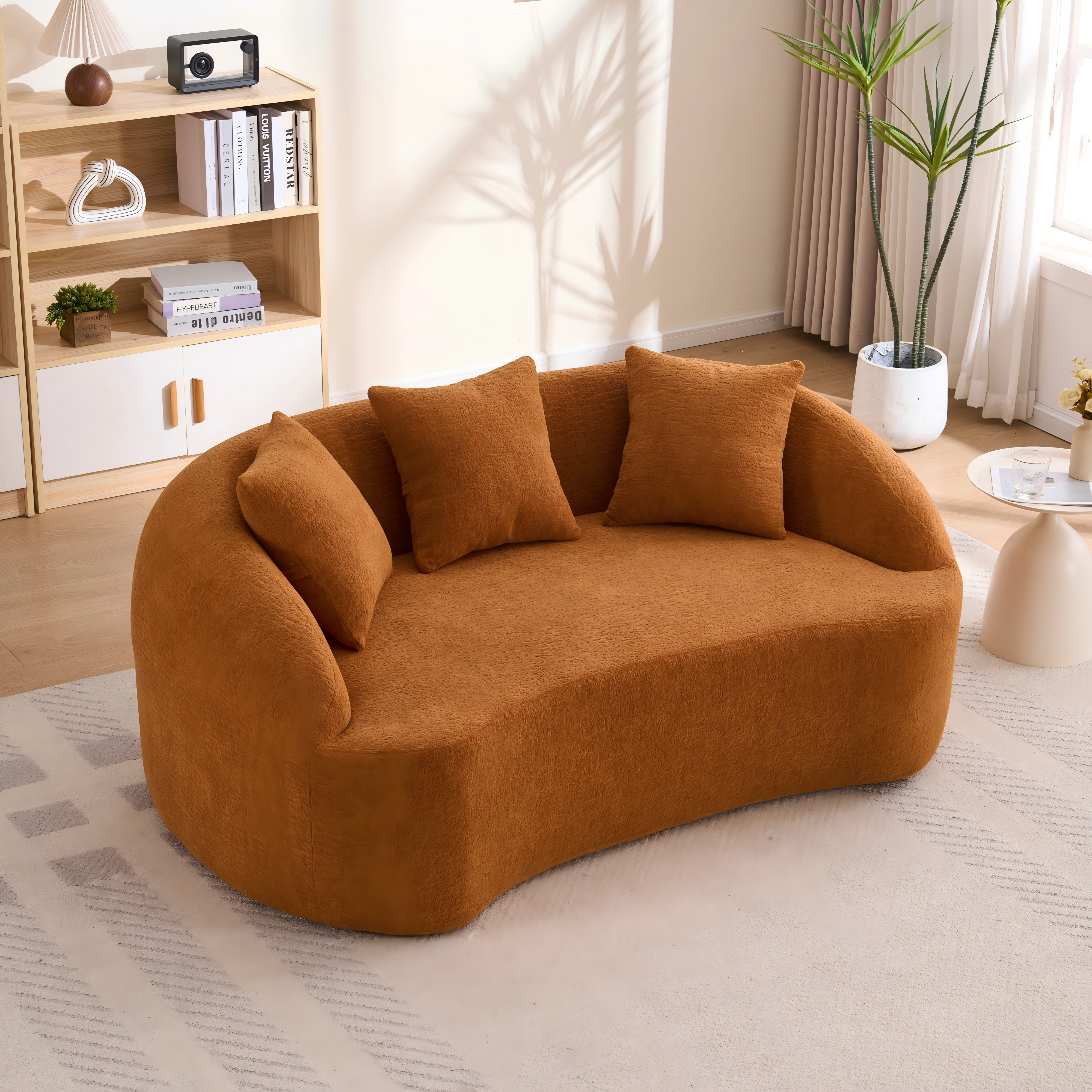 LY-049S Curved Modern Boneless Sofa Loveseat  Backrest Upgrade  2-Seater Orange Chenille Compression Couch With 3 Pillows  Minimalist Modular Couches For Living Room  Office  Apartment  Guest Room
