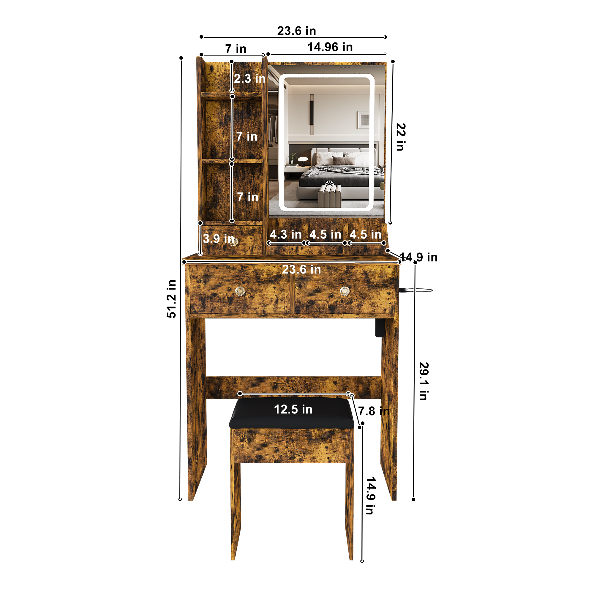 Modern Small Vanity Desk  Featuring 3 Modes Of LED Lighting With Adjustable Brightness  3 Drawers And Multiple Open Storage Shelves  A Hair Dryer Holder And Power Socket  And A Dressing Chair. Brown