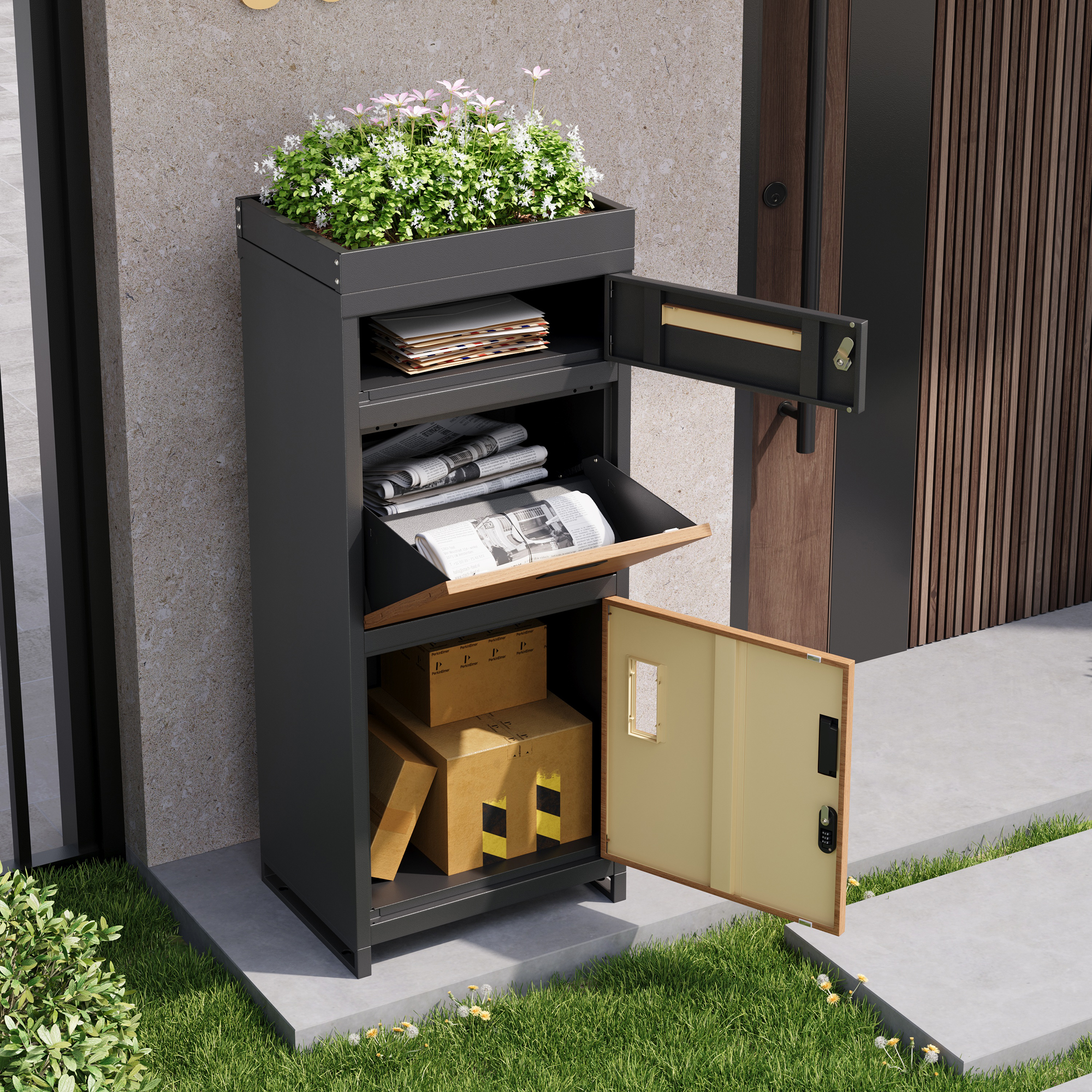 Parcel Mailbox, Equipped With A Combination Lock For Added Security, Outdoor Mailbox With Flower Bed, Integrated Mailbox, Lockable Parcel And Letter Storage Cabinet.