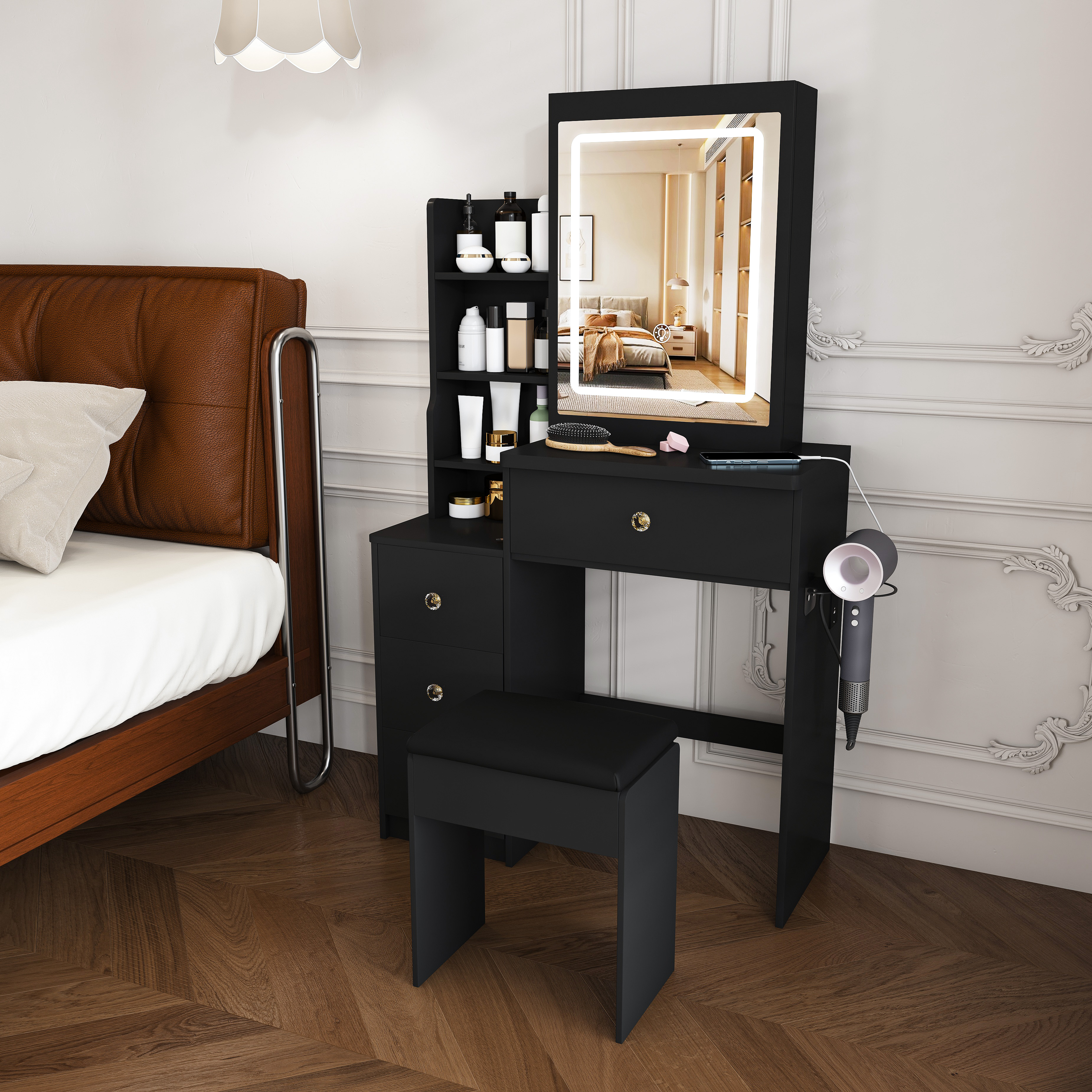 Modern Vanity Desk  Featuring 3 Modes Of LED Lighting With Adjustable Brightness   With 4 Drawers And Multiple Open Storage Shelves  With A Hair Dryer Holder And Power Socket   A Dressing Chair. Black