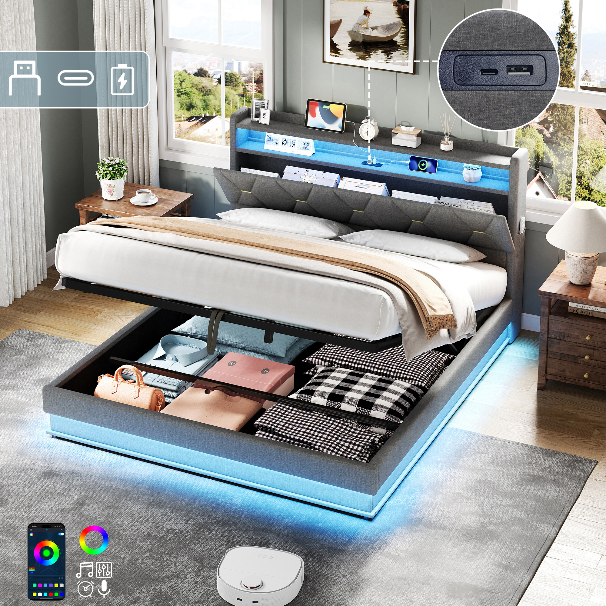 5ft King Upholstered Bed Frame With Hydraulic Storage,  LED Headboard With Charging Station And Concealed Headboard Storage, USB And Type - C Ports, Linen, No Box Spring Needed, Grey  No Mattress - Image 1