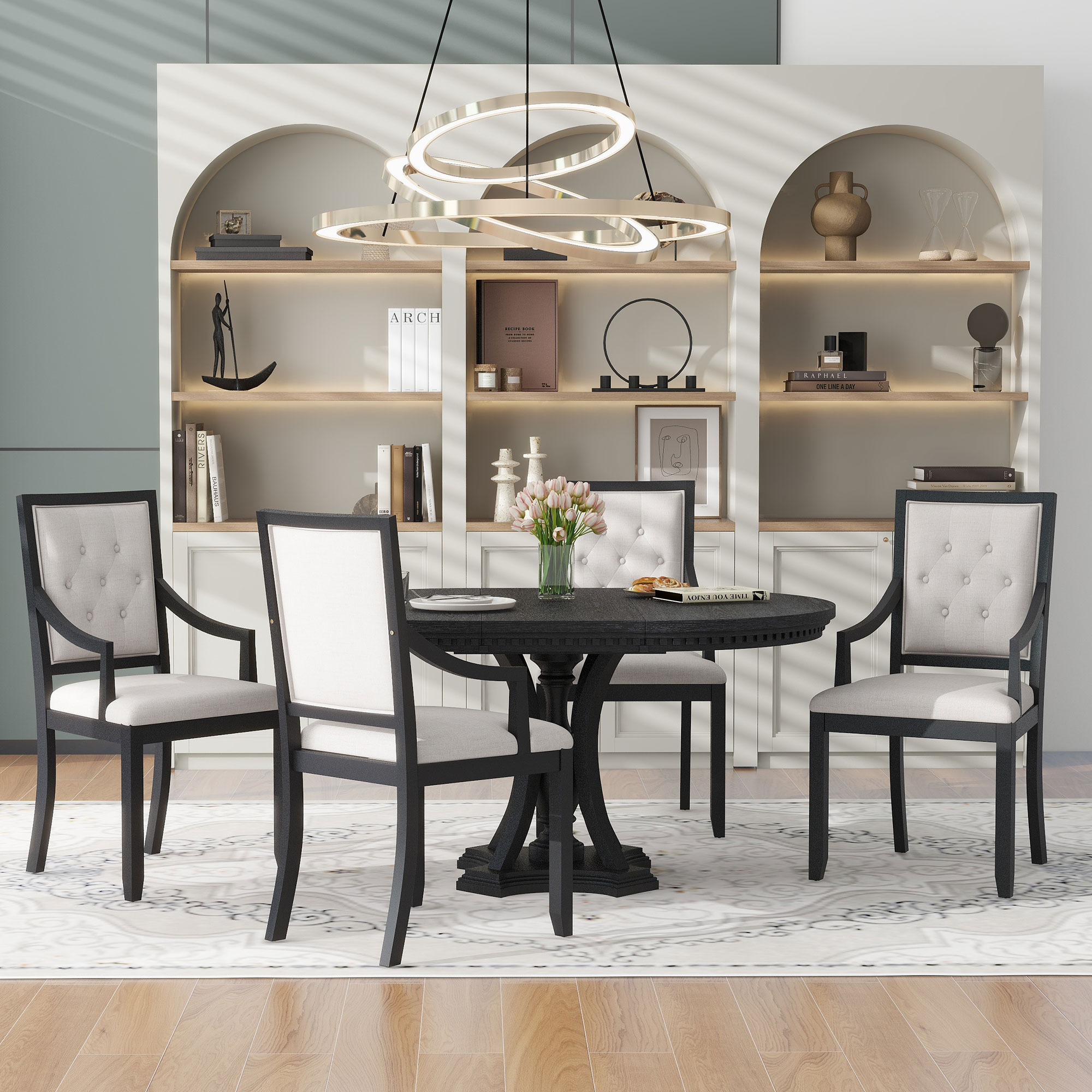 TREXM Retro 5-piece Dining Set Extendable Round Table and 4 — photo 4