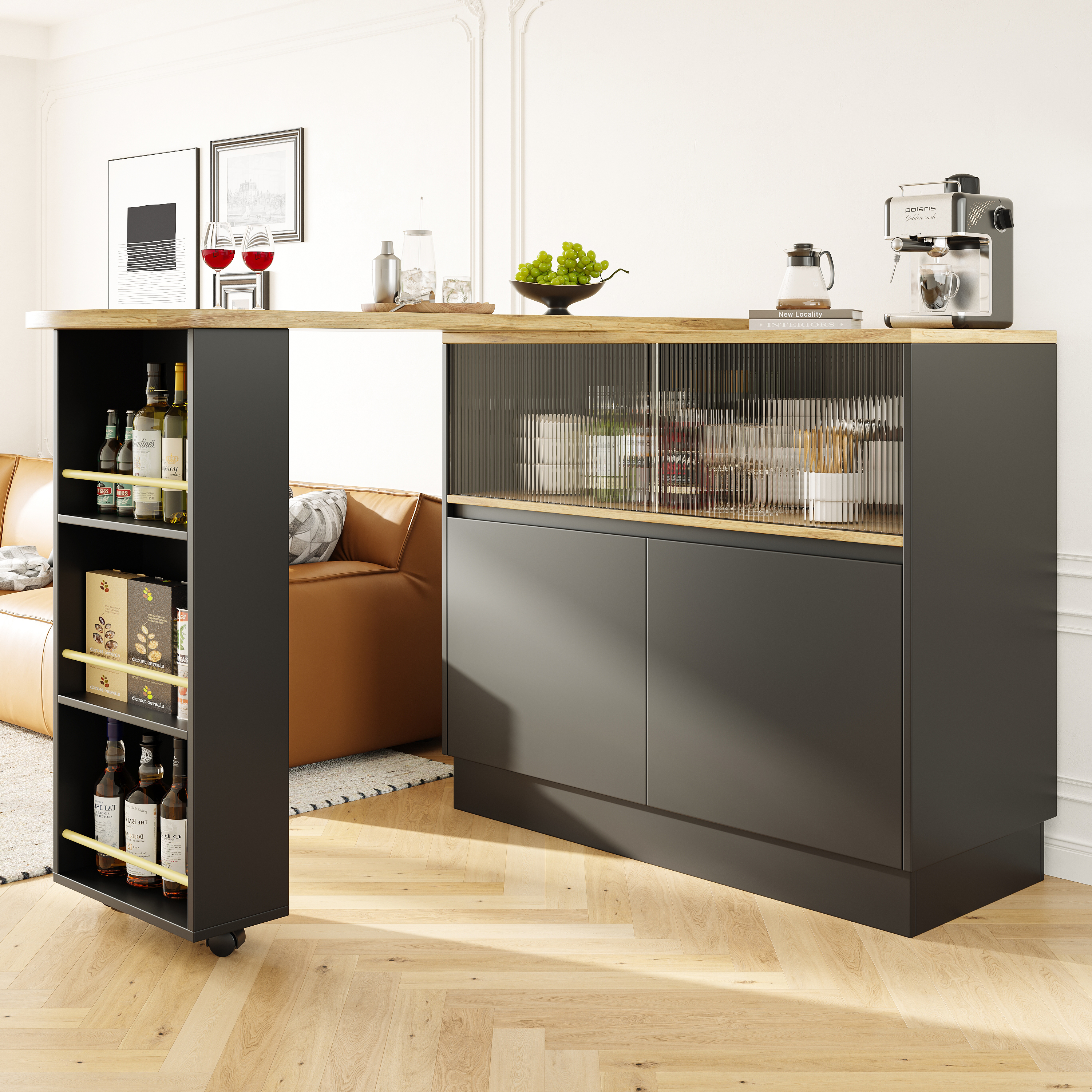 360 Swivelling Dining Bar  Main Body 90 X 45 X 100 Cm , Black, Modern, Simple, Multifunctional, Swivelling Sideboard With Shelves And Glass, Suitable For Kitchens And Restaurants